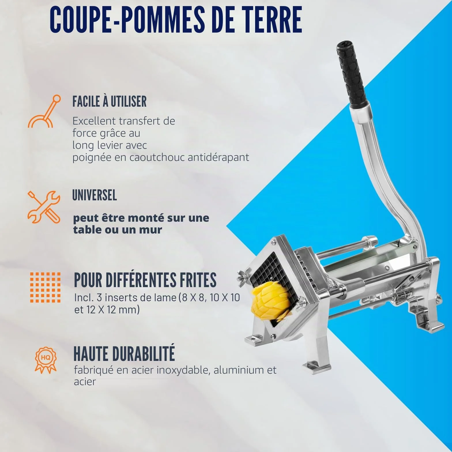 Royal Catering RCKS-3 Coupe-frites acier inoxydable aluminium 3 lames 8x8 10x10 12x12 manuel montage mural
