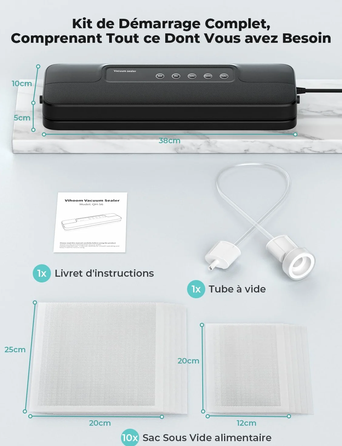 Machine Sous Vide Alimentaire 5 en 1, Appareil Sous Vide avec Mode Sec et Humide, 10 Sacs Inclus, Noir