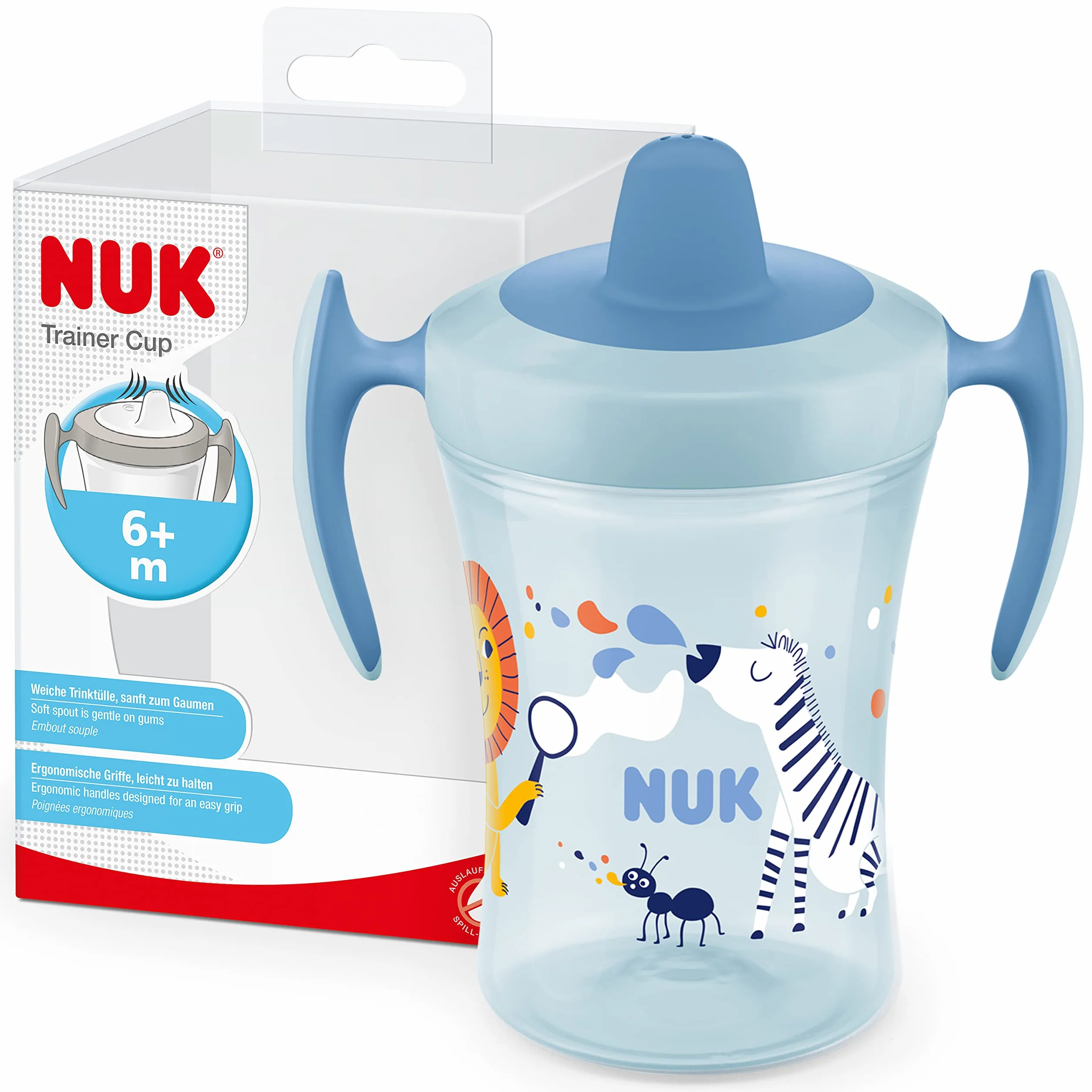 NUK Trainer Cup tasse d'apprentissage embout souple antifuite 230ml 6+ mois zèbre bleu