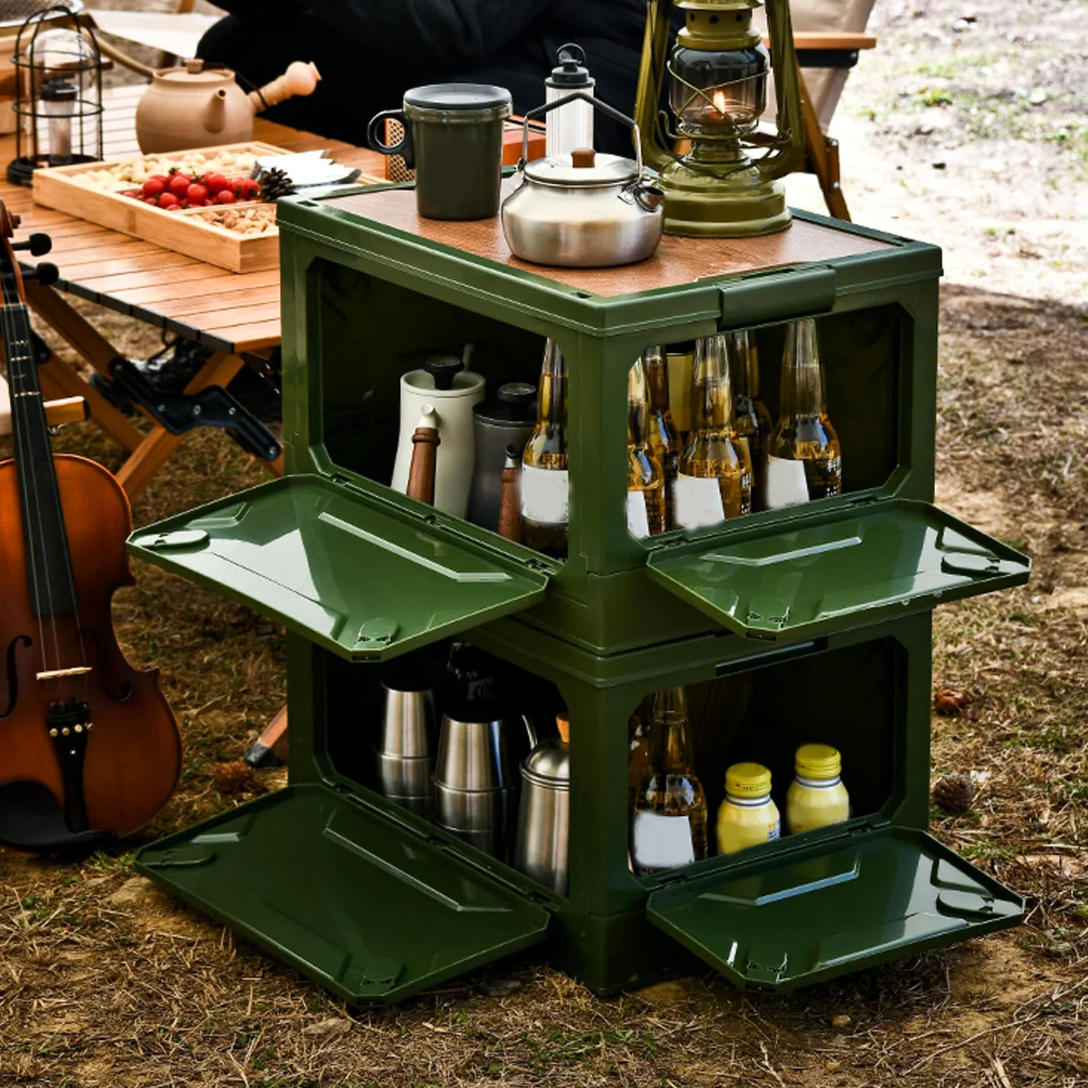 Boîte de Rangement de Camping Pliable, Bacs de Rangement Empilables avec Couvercle, Conception à Poulie, étanche, Ouverture sur 5 Côtés, Bacs de Rangement Pliants de Camping pour Voiture et(Vert)