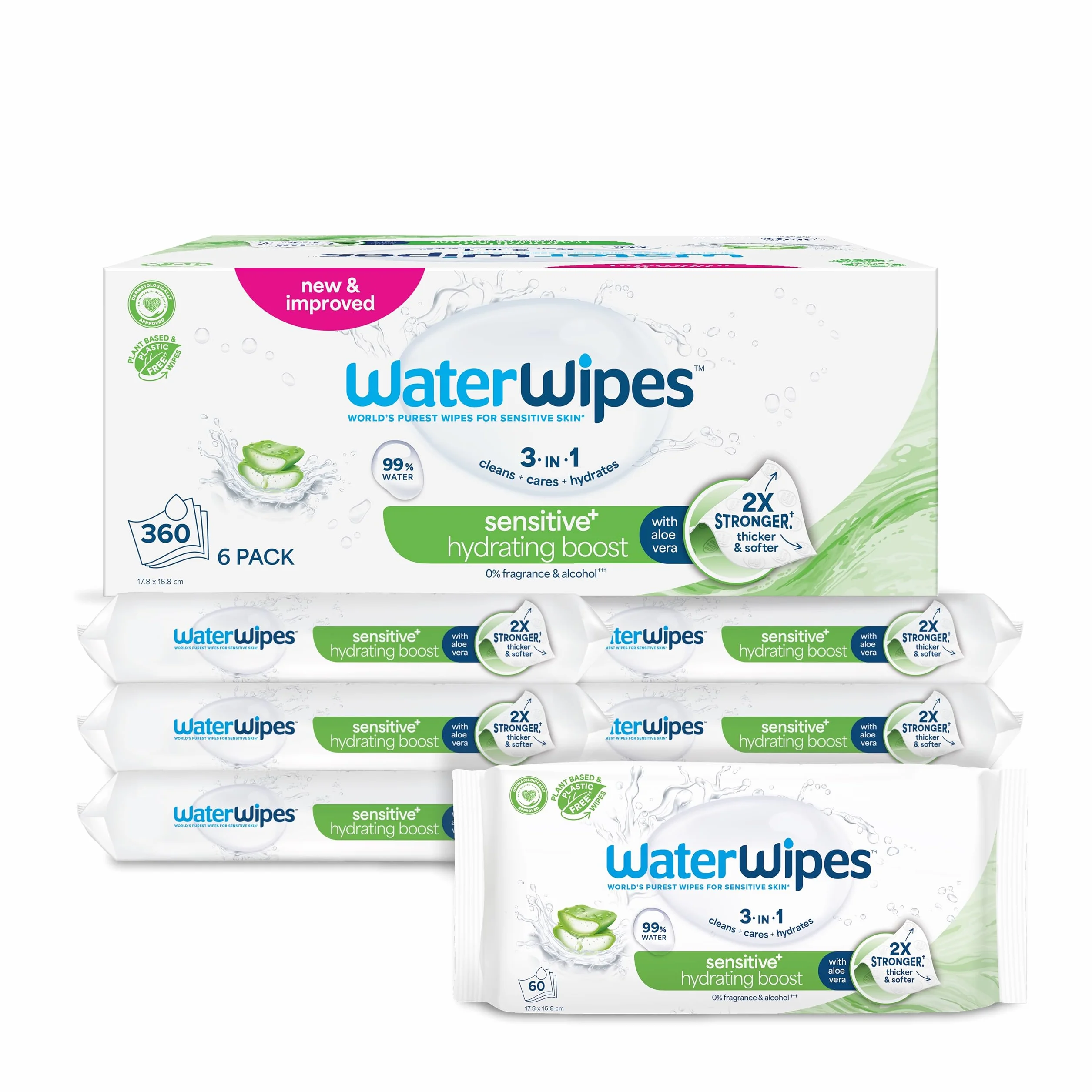 WaterWipes Sensitive+ Hydrating Boost Wipes, Lingettes Hydratantes, 360 unités, 3-en-1 nettoie, soigne, hydrate, 99% d'eau avec aloe vera, non parfumées
