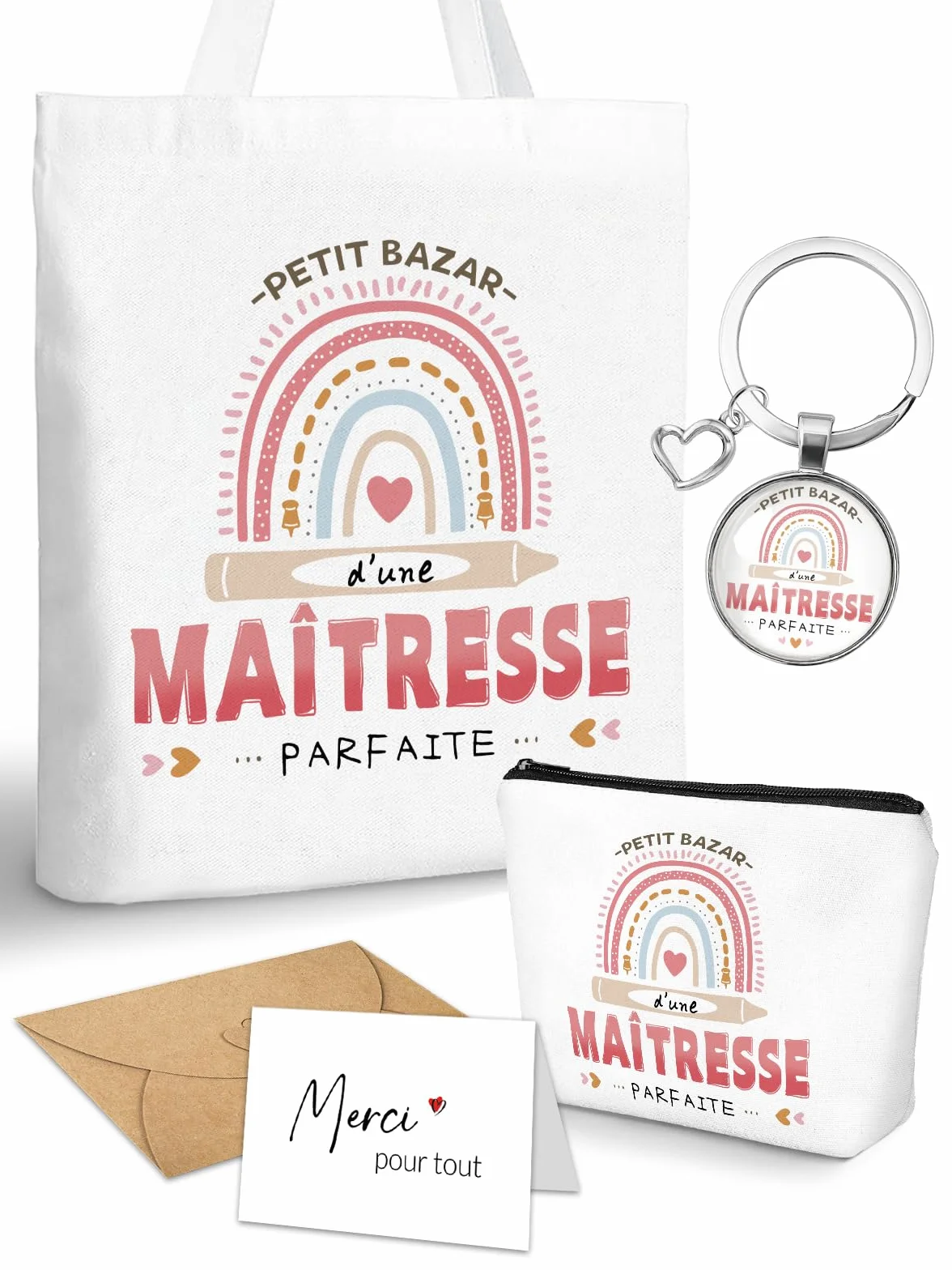 Sac Tote Bag Cadeau Maitresse D'école avec Porte Clés et Carte de Remerciement