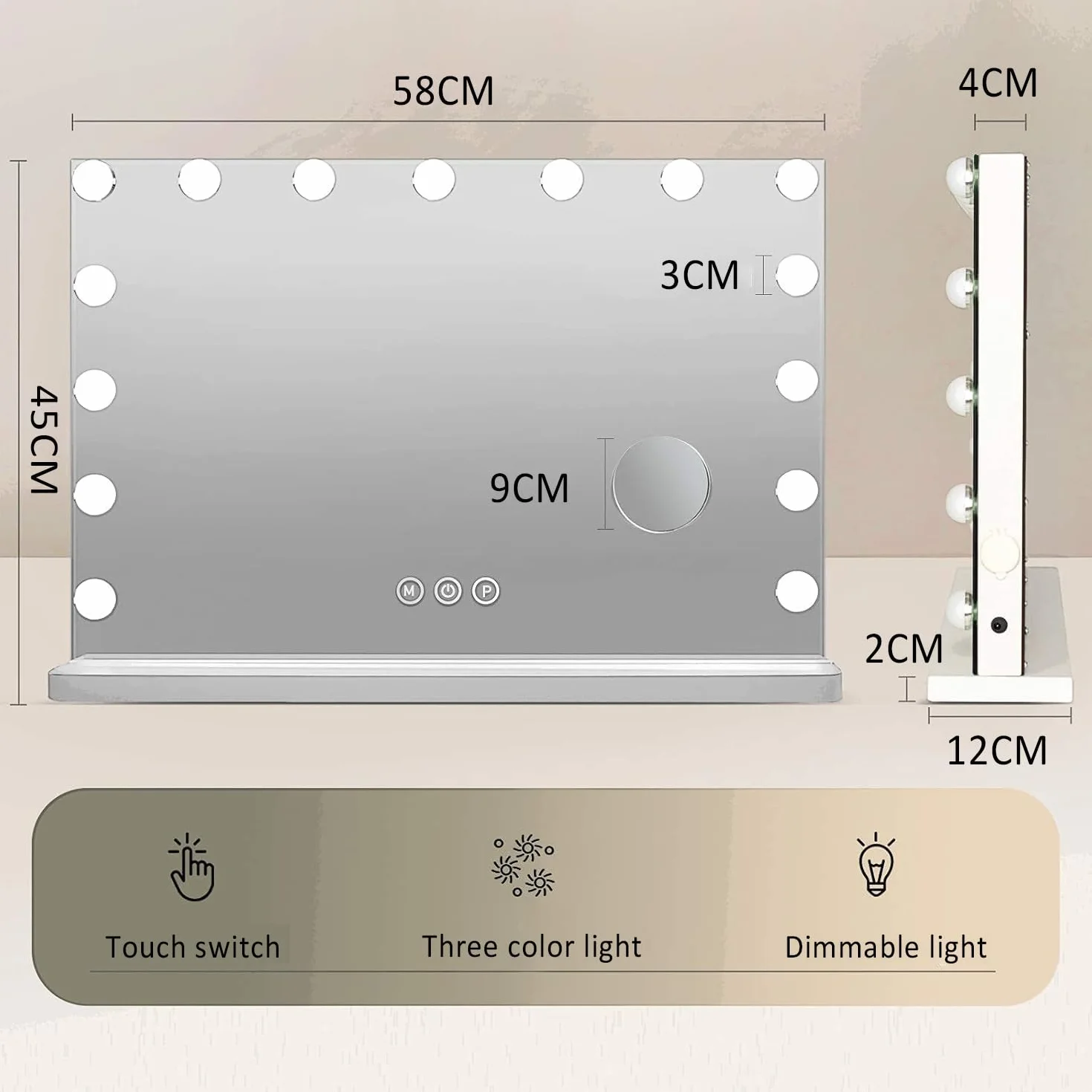 Miroir Maquillage Hollywood Lumineux LED 15 Lumières Dimmables 58x45cm Contrôle Tactile 2 Couleurs Montage Mural Blanc