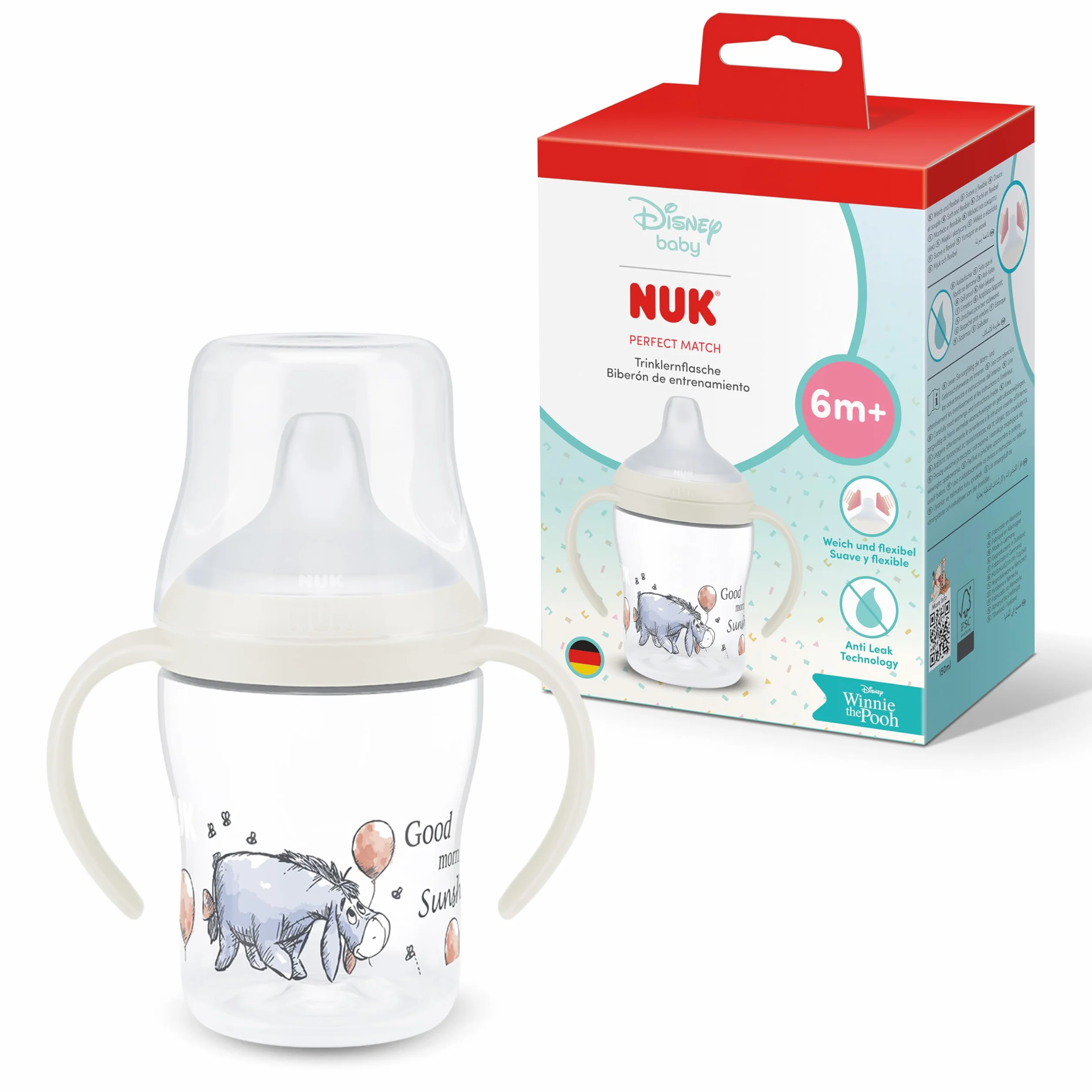 NUK Perfect Match Nuit Tasse d'apprentissage 6+ mois 150 ml Anti-fuite pour bébés Poignées antidérapantes Disney Bourriquet