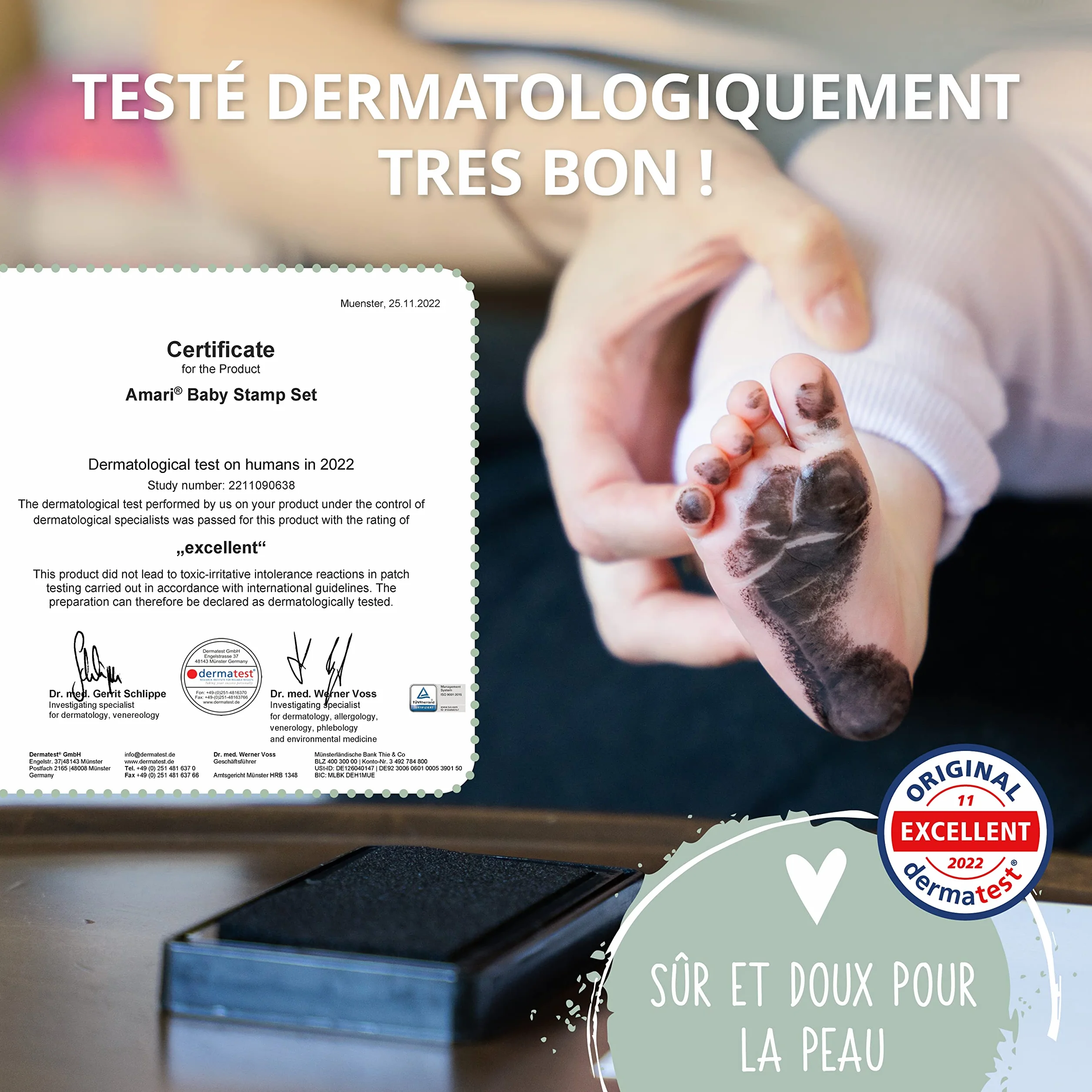 AMARI Set d'empreintes de main et de pied de bébé avec 2 tampons encreurs et 4 cartes d'impression - Kit cadeau bébé