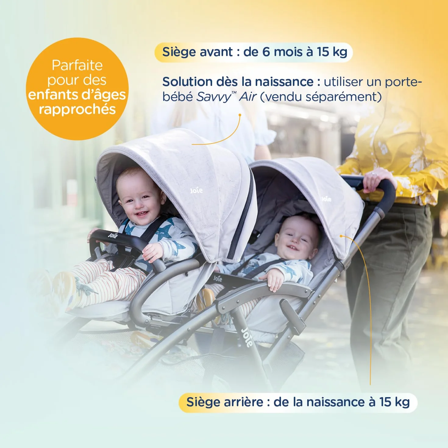 Joie EVALITE DUO Poussette Double Légère Naissance à 15 kg Pliage Compact 1 Main Compatible Coque Siège Arrière Ultra Légère 10,5 kg Grand Panier Habillage pluie inclus Shale