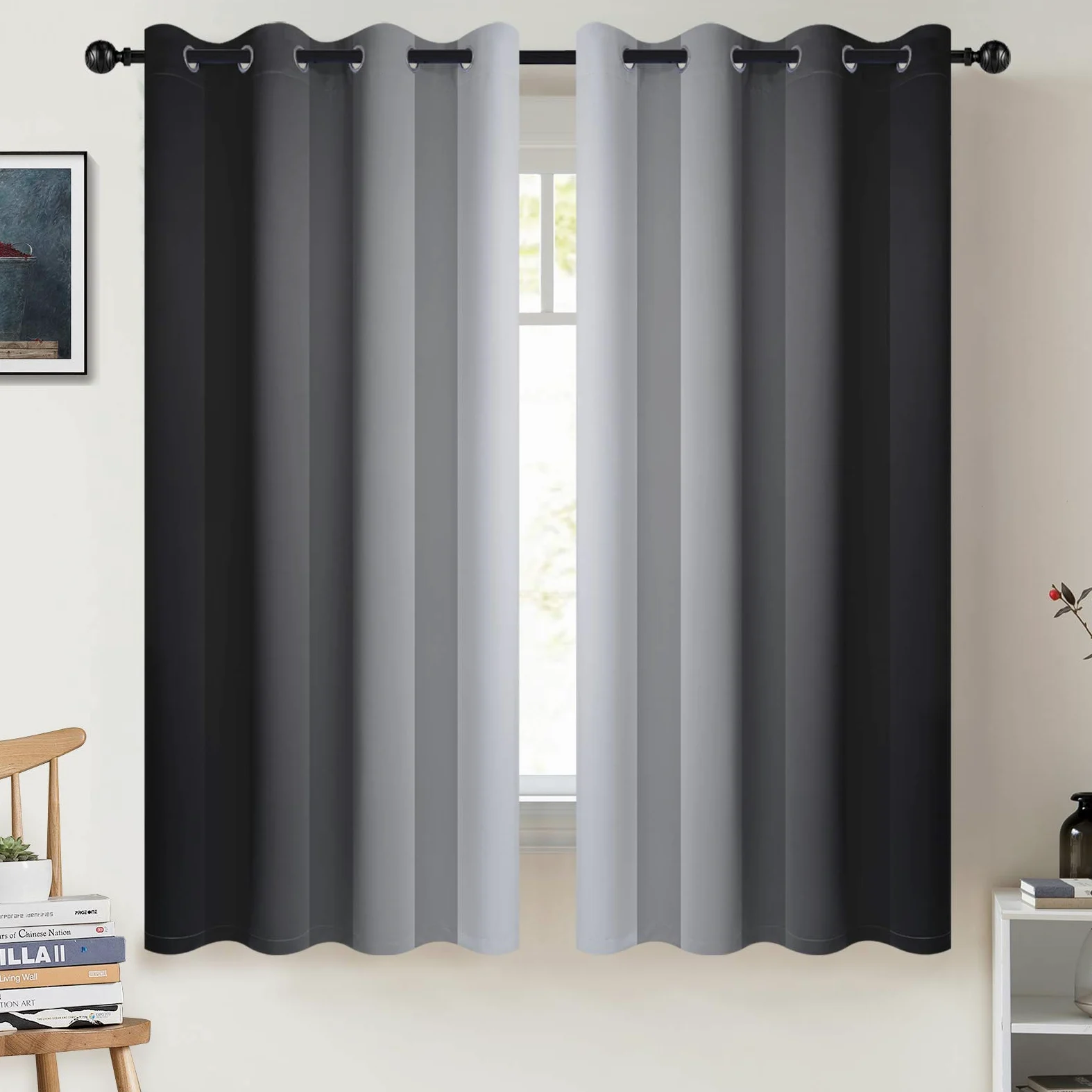 COSVIYA Rideaux occultants à Isolation Thermique avec œillets pour Chambre à Coucher/Salon, 160 cm de Long, Noir et Blanc grisâtre, 2 Panneaux, 132,1 x 160 cm