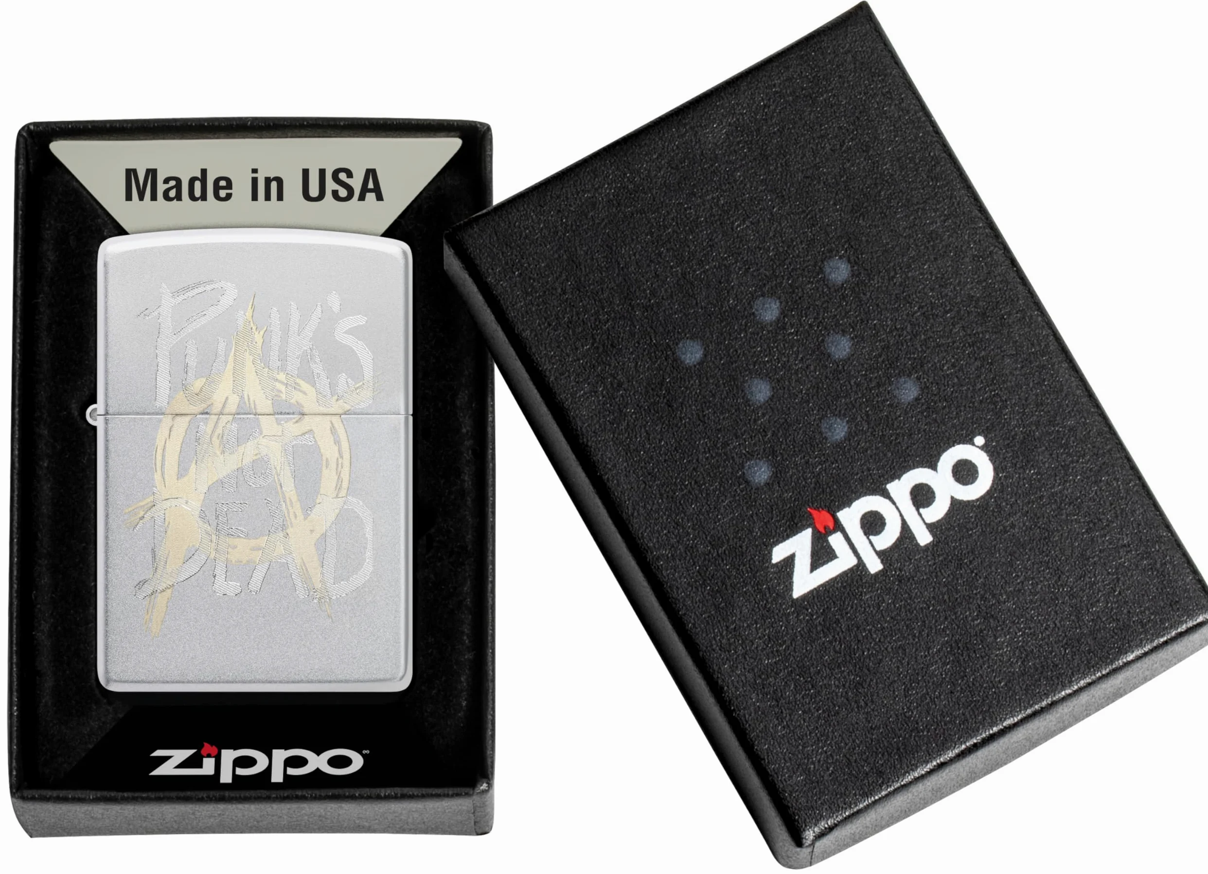 Zippo Briquet Tempête - Punk's Not Dead - Chrome Satiné, Gravure Laser - Rechargeable - Réutilisable - Design Coupe-Vent - Coffret Cadeau Fabriqué aux États-Unis