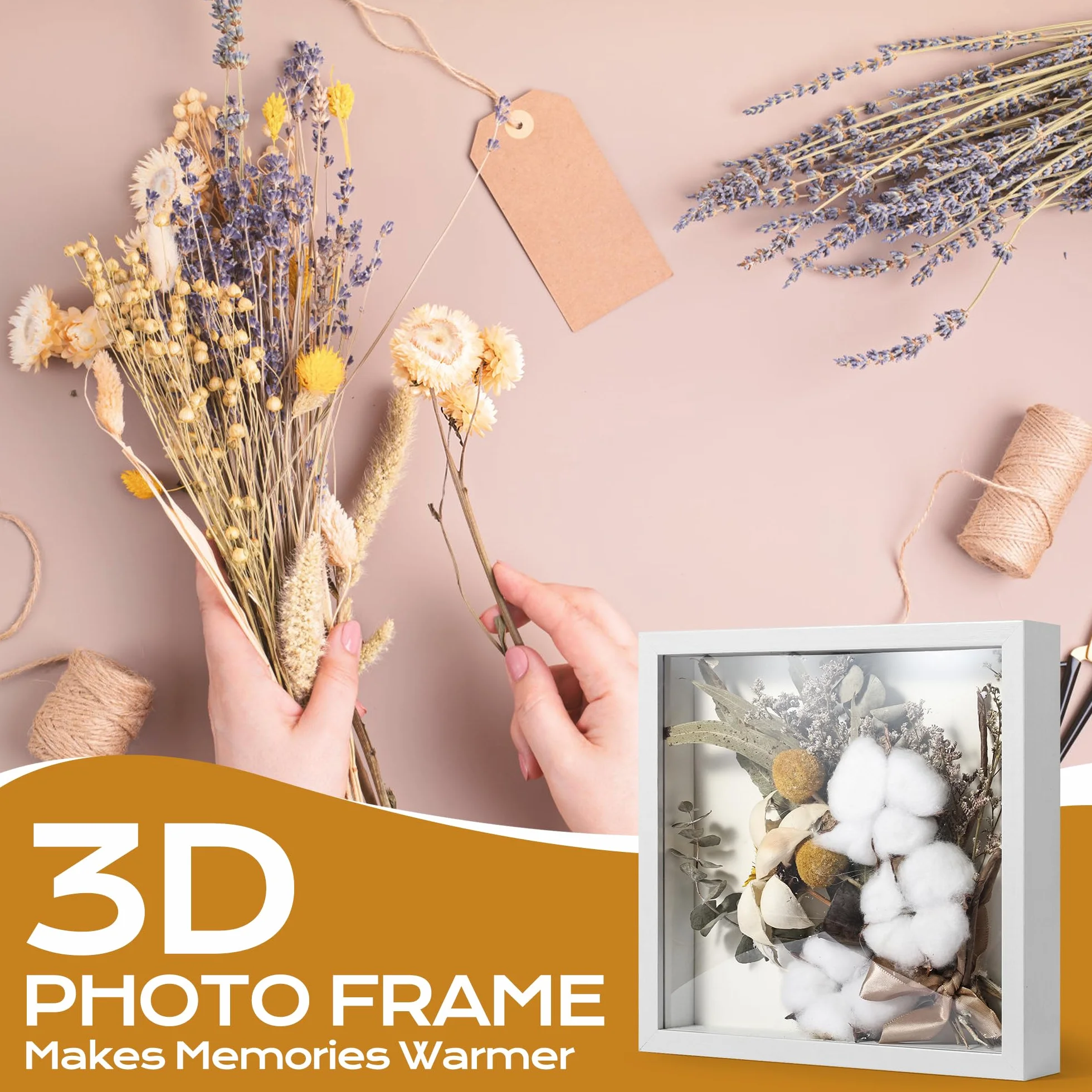 Cadre 3D Profond 20x20 cm en Bois avec Vitre pour Objets DIY Bouquets Spécimens Coquillages