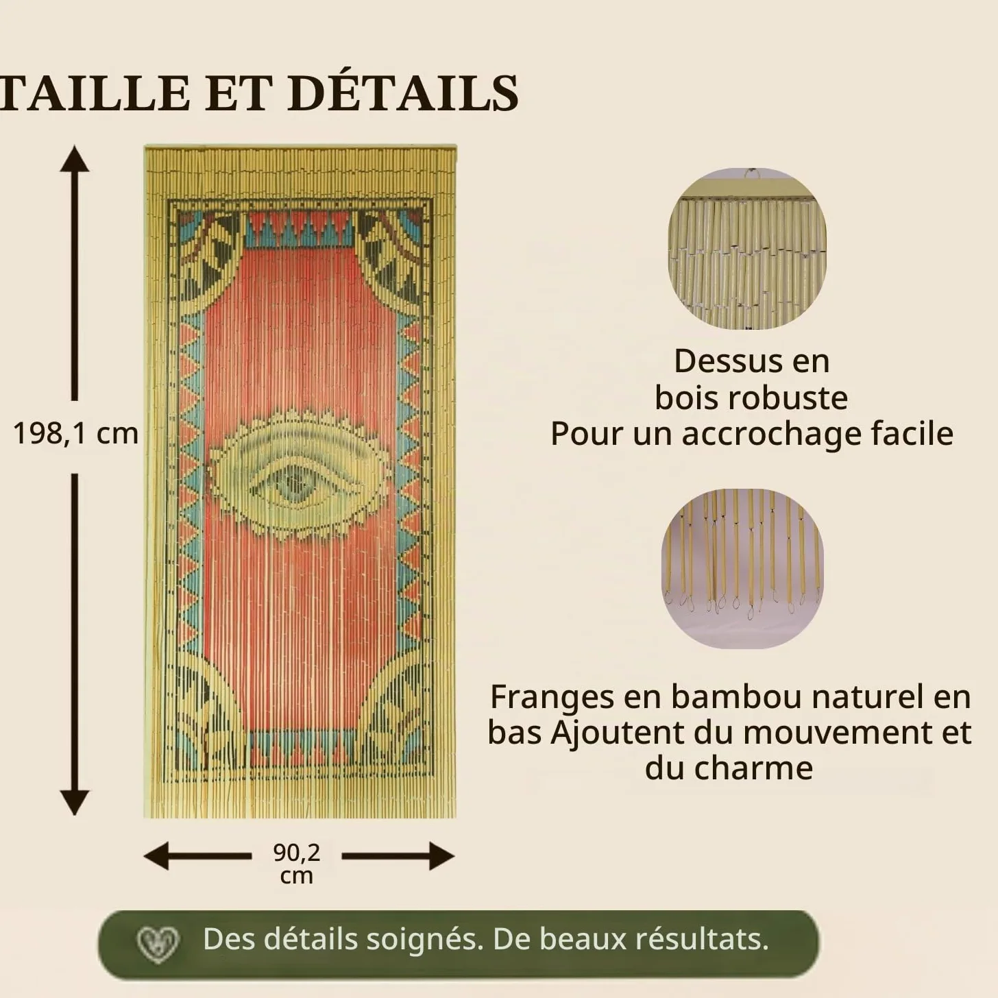 TACHILC The Eye Rideau en Perles de Bambou pour Porte, Rideau de Perles bohème pour placards, décoration de Porte, Perles de Bambou pour Portes, 90,2 x 198,1 cm | Peint à la main ; 198,1 x 90,2 cm pour porte standard ; s'accroche en 5 minutes