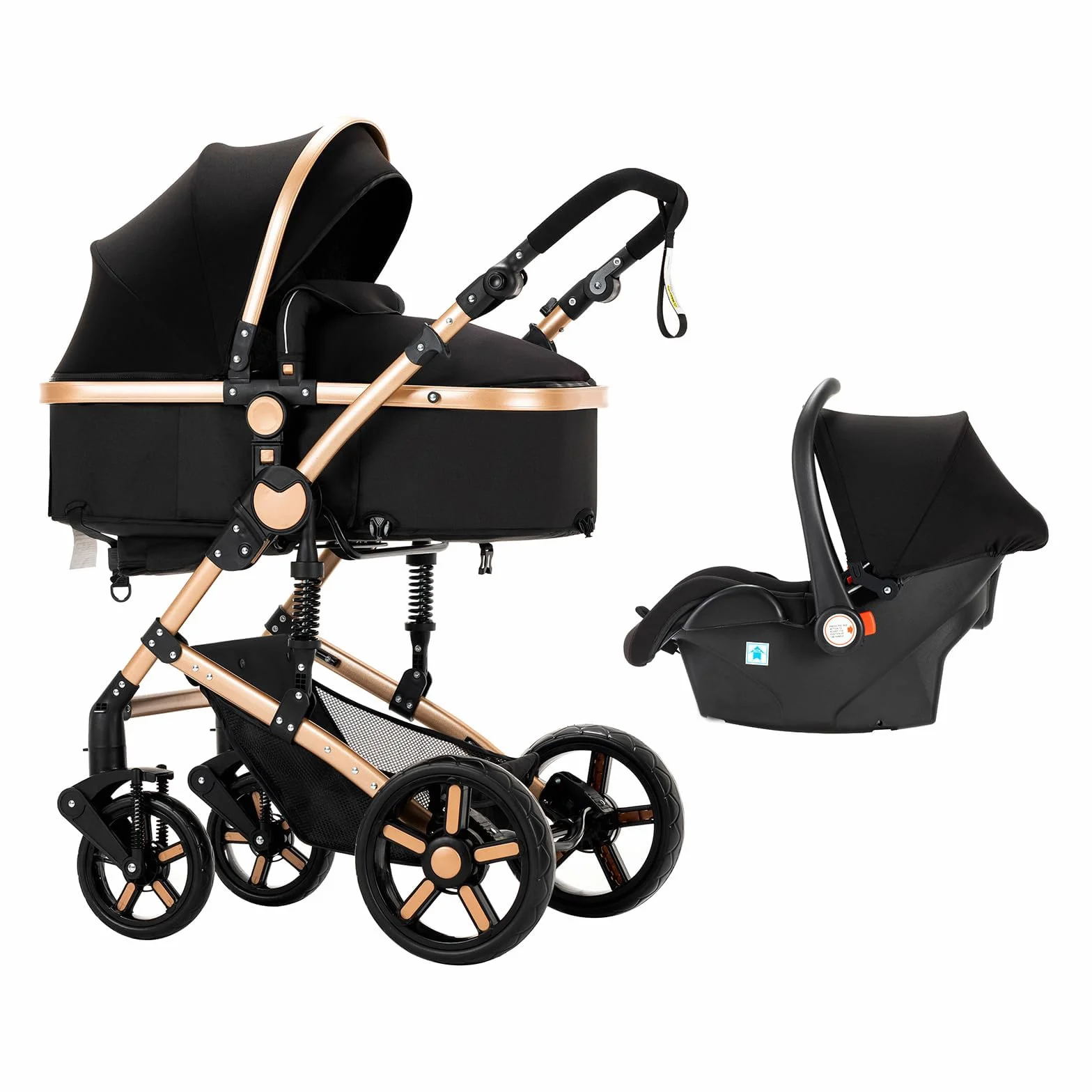 Poussette 3 en 1 Bebe Cadre Aluminium Haute Paysage Pliable Un Clic Noir Or