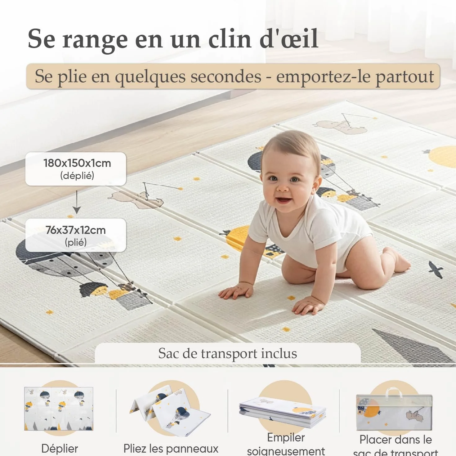 Tapis Éveil Bébé Pliable Réversible 180x150 cm Motricité Mousse Épais Imperméable Non Toxique