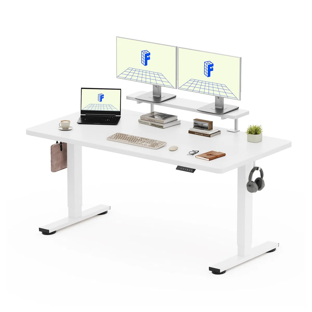 FLEXISPOT Bureau Assis Debout 160x60 cm avec Rehausseur d’Écran et Rangement, Charge 100 kg, Table Réglable en Hauteur avec Mémoire, Étagère & Tiroirs, Structure Stable, Assemblage Facile, Blanc