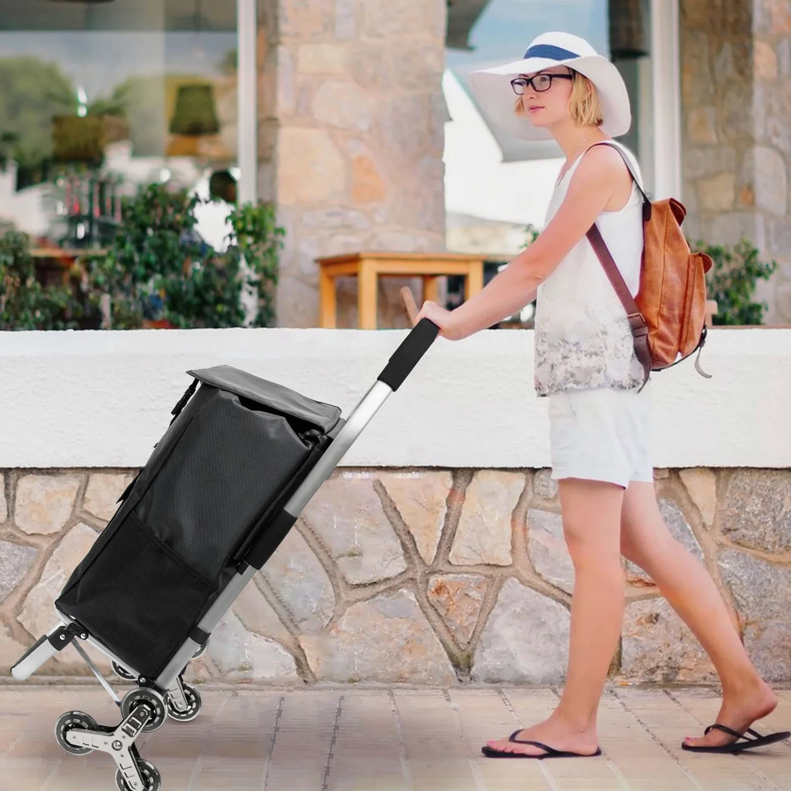 Chariot De Courses Pliable Amovible 6 Roues (56 L),Chariot de Rangement à roulettes avec Sacs de Courses Imperméable et Cordon élastique Ajustable,Chariot à roulettes Escalier,Noir
