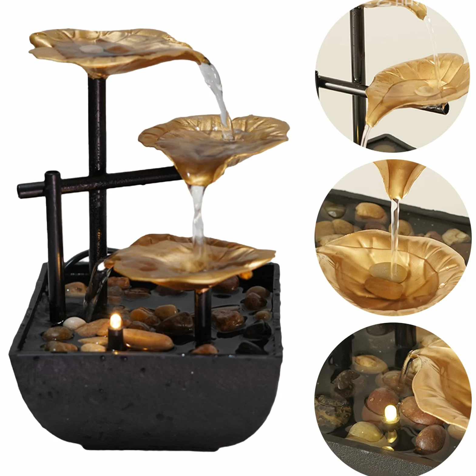 Fontaine de Bureau Métal LED Moderne Décor Table Zen Cascade Eau Courante Or