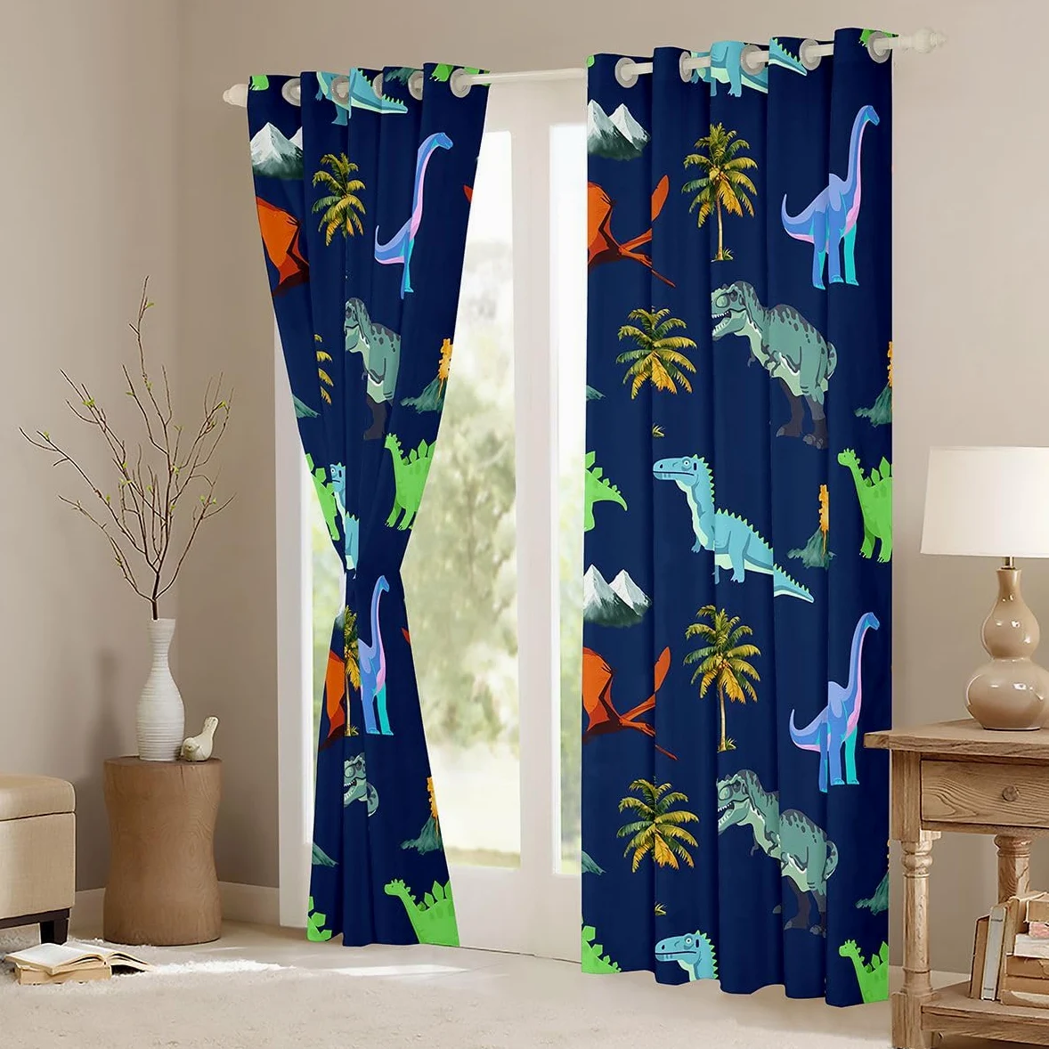 Homewish Rideau Occultant 117x183 cm Dinosaur,Rideau Enfants Adolescents Adults Mignon Coloré Dinosaur,Rideaux Voilage Tropical Palm Trees,Voilage Fenetre Jungle Animal pour Chambre Salon