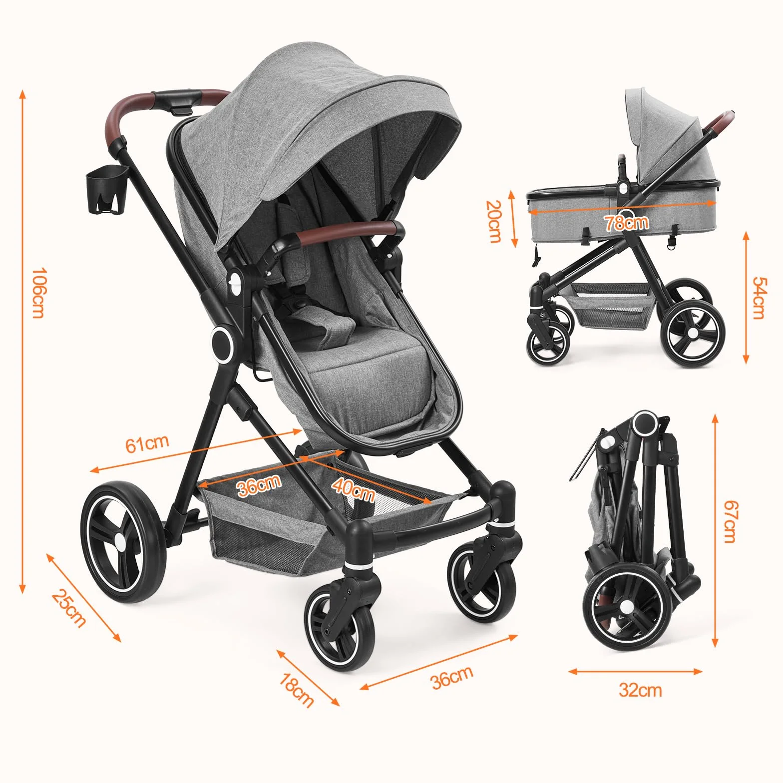 Poussette 2 en 1 Compacte Légère Pliable Siège Inclinable Landau Réglable Tout Terrain 0-3 Ans