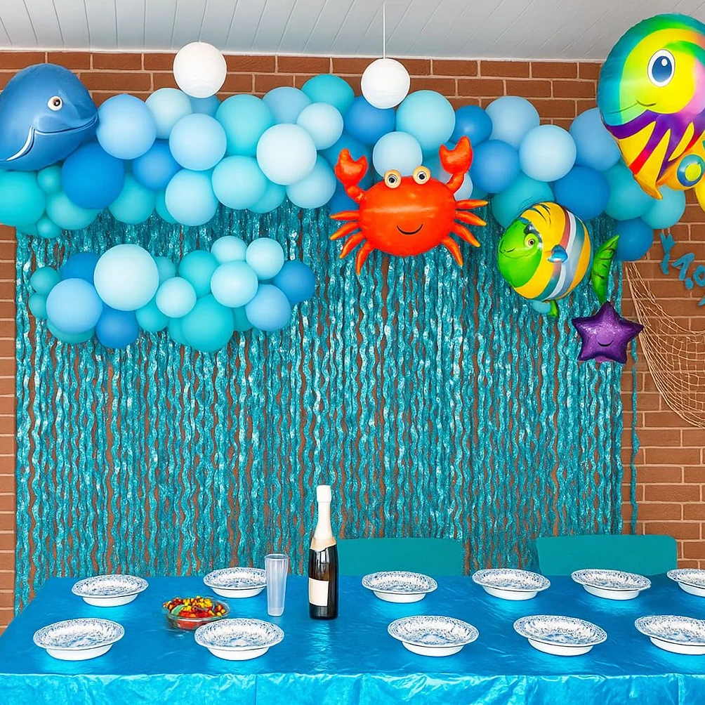 Rideau Décoratif Métallique Effet Ondulé G2PLUS 2 Rideau Franges Vagues Bleu pour Anniversaire Fille Fête Sirène