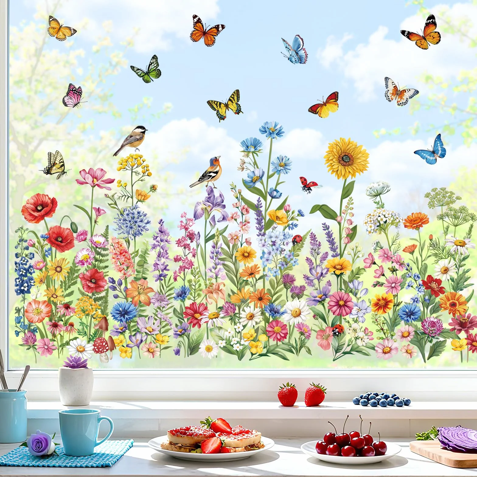 Decalmile Autocollants Fenêtre Fleur de Jardin Anti-Collision Stickers Floral Papillon Tournesol
