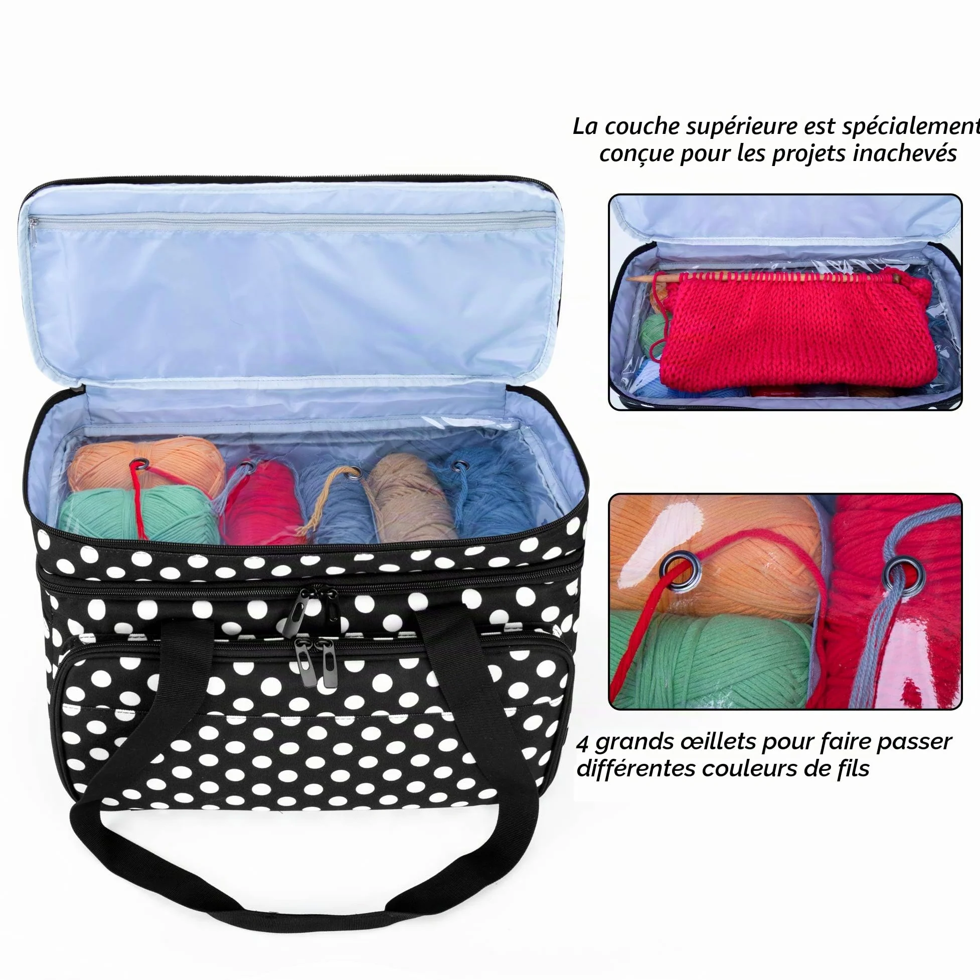 CURMIO Sac à Tricot Double Couche, Rangement pour Laine Crochets, Pois | Plusieurs Élastiques & Compartiments, 4 Œillets, Bandoulière, pour Aiguilles à Tricoter & Projets de Tricot, Sac Uniquement