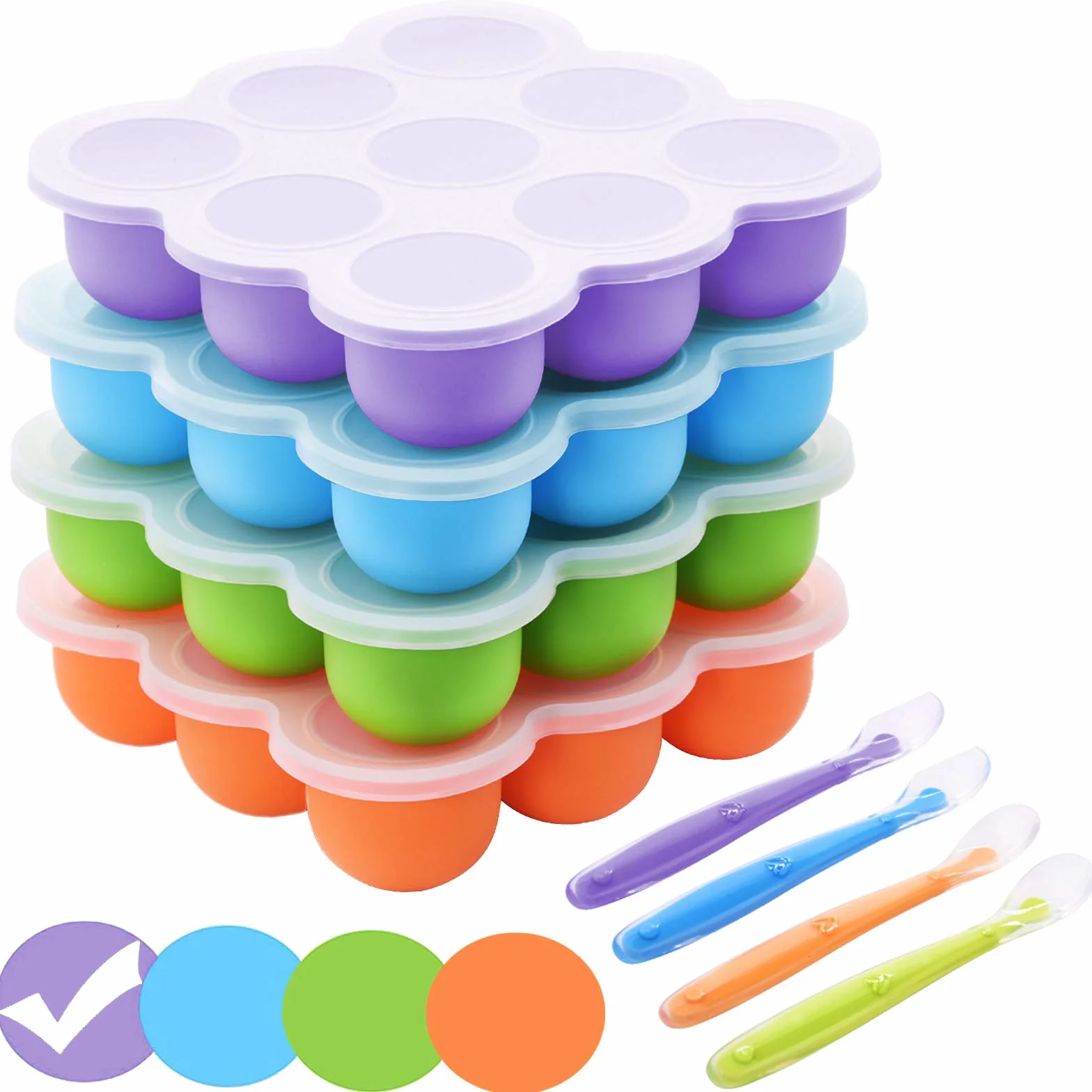 Boîte de Rangement Congelée pour Aliments Bébés, Récipient Silicone avec Couvercle Hermétique, 9 Alvéoles, 9 x 75ml, Violet