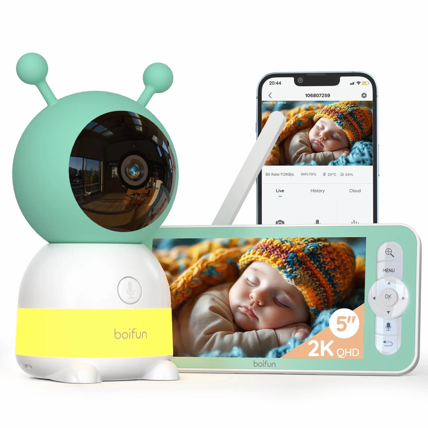 BOIFUN Babyphone Camera Bébé 2K, Moniteur WiFi 5", Vision Nocturne, Veilleuse, Alerte Mouvements/Pleurs, Température, Zoom 4X