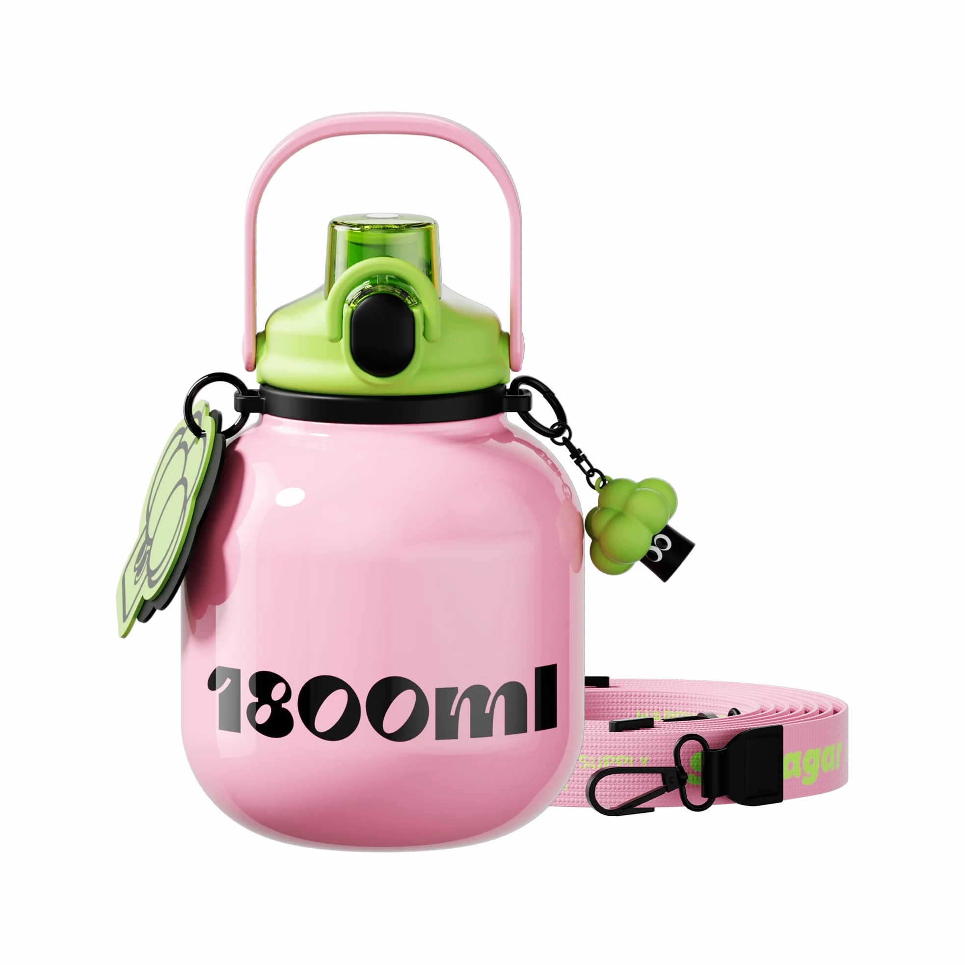 Gourde Isotherme 1,8L avec Paille et Poignée, Bouteille d’Eau Inox avec Bandoulière, Grande Capacité, Anti Fuite, Idéale Sport, Bureau et Déplacements, Rose Poudré
