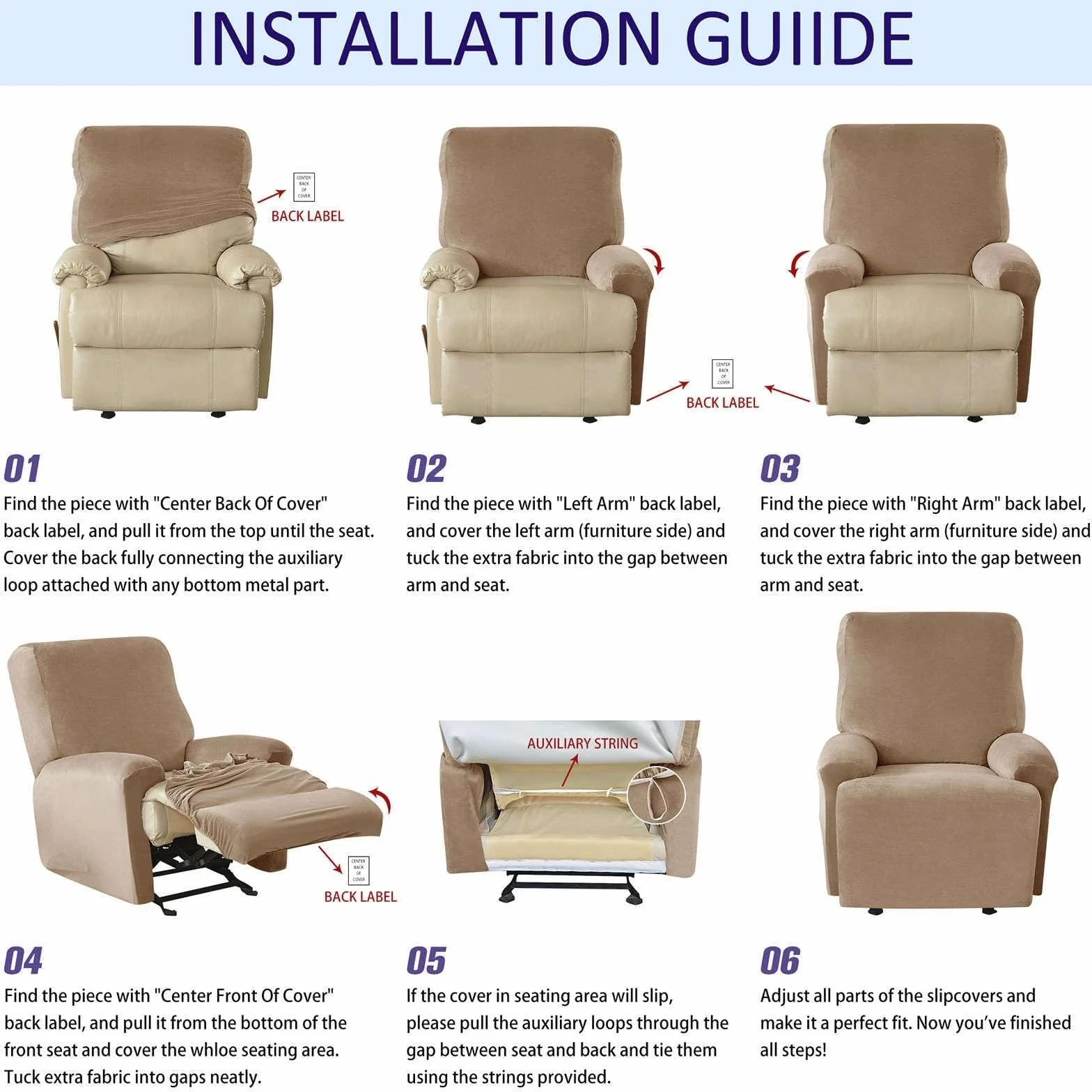 Housse de Fauteuil inclinable Velours Extensible 4 pièces Protection antidérapante Poche latérale Wine Red