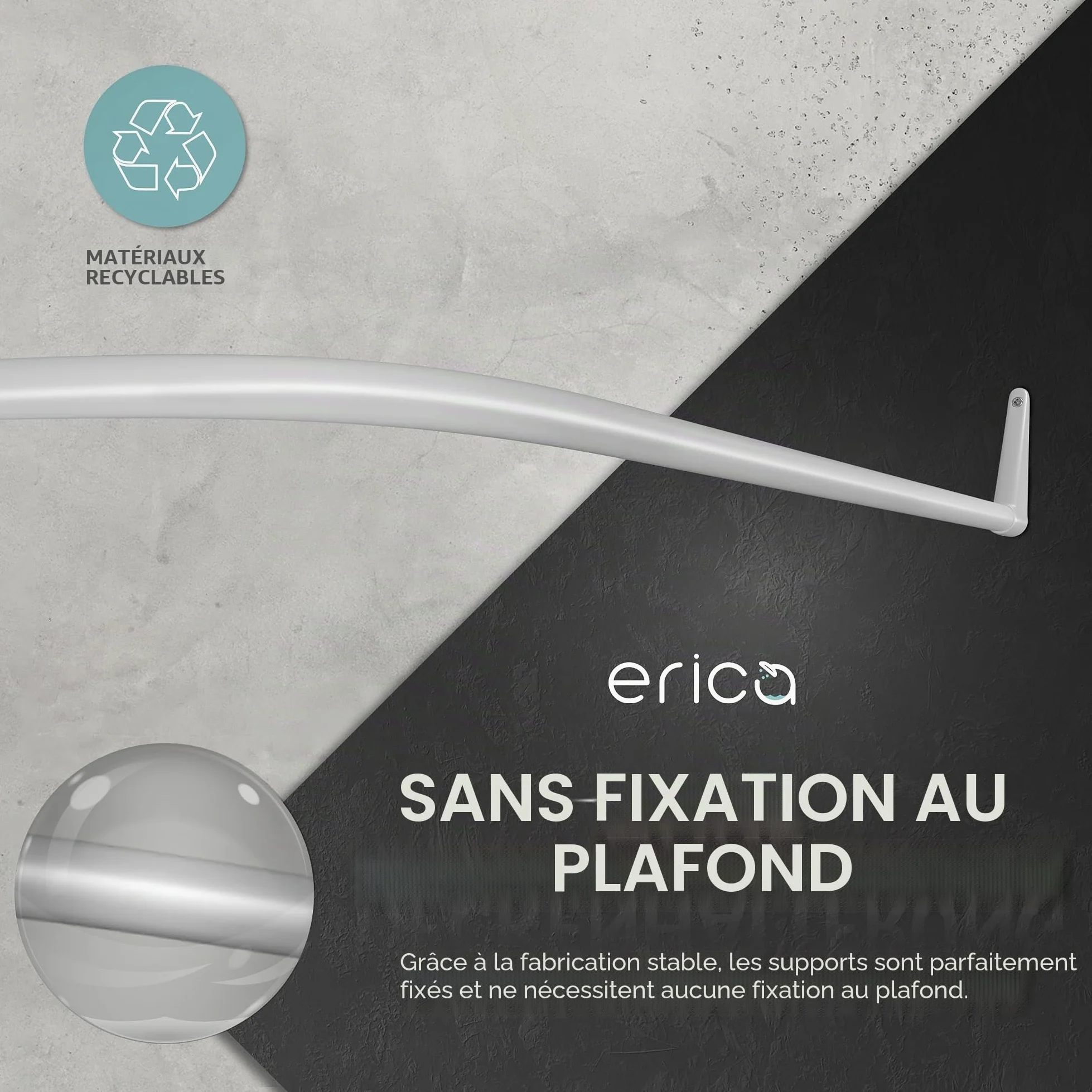 Erica Tringles de Rideau de Douche en U - 85x95x85 cm, Barre de Rideau de Douche Murale sans Fixation au Plafond - Revêtement Plastique sans PVC, Tringle de Douche 100% Inoxydable. Blanc.