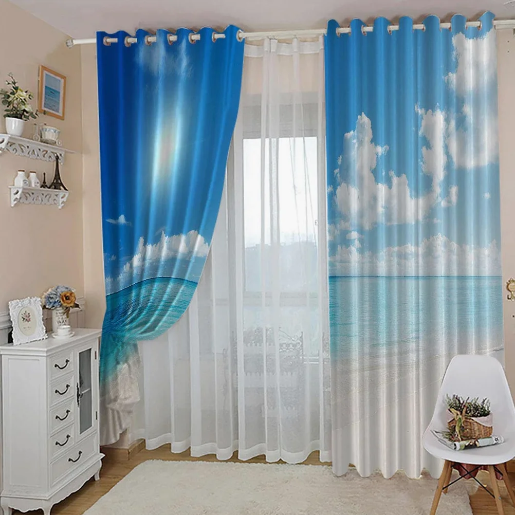 Rideaux Et Draperies Intérieurs 3D Ciel Bleu Nuage Blanc Vue Mer Motif Rideau Occultant À Oeillets Decoration Salon Chambre Maison pour Enfant Adulte 2 Pièces 280x160Cm Design Moderne Imprimé