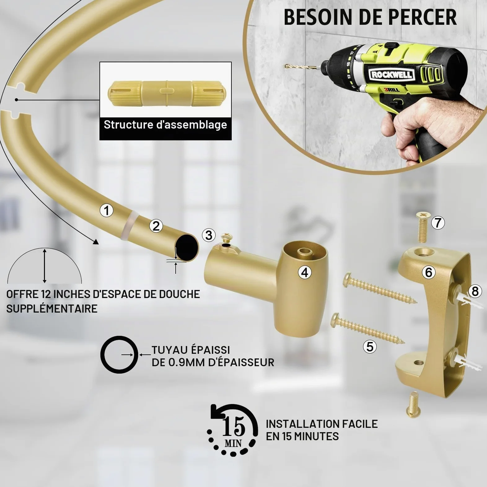 YNL Tringle à rideau de douche incurvée de 90 à 208 cm (2,5 à 2,5 m), ronde dorée et antirouille, pour salle de bain, baignoire, réglable, ne rouille pas, espace supplémentaire, antidérapante