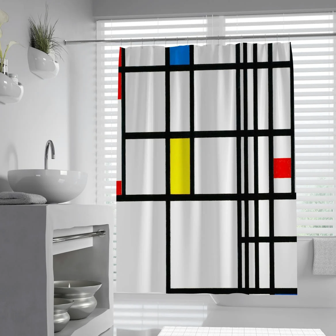 Rideau de Douche à Grille Noire Minimaliste Rideau de Bain Abstrait géométrique Blanc en Tissu Polyester Rouge Jaune Bleu Bloc de Salle de Bain 200 x 220 cm