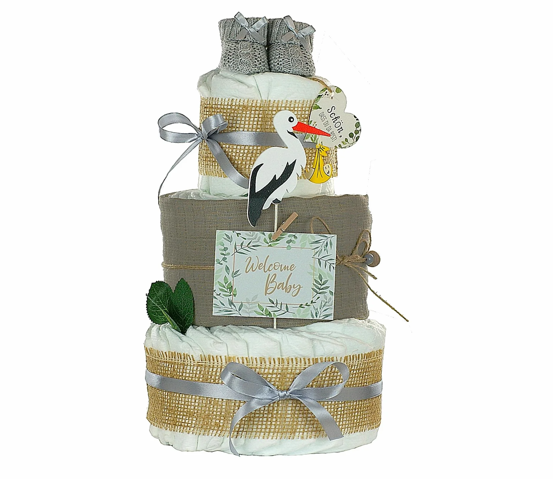 Gâteau de couches 3 étages Cigogne avec bottines bébé et couche en mousseline gris