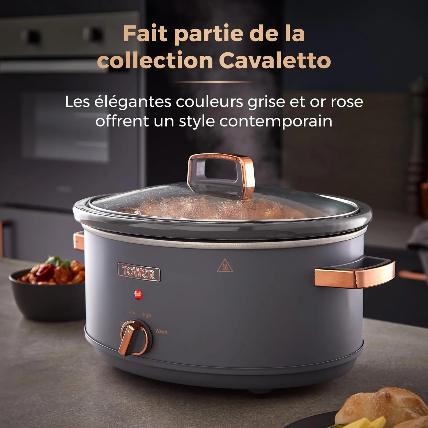 Tower Cavaletto Mijoteuse Électrique 6,5 L 3 Réglages de Chaleur Gris Or Rose