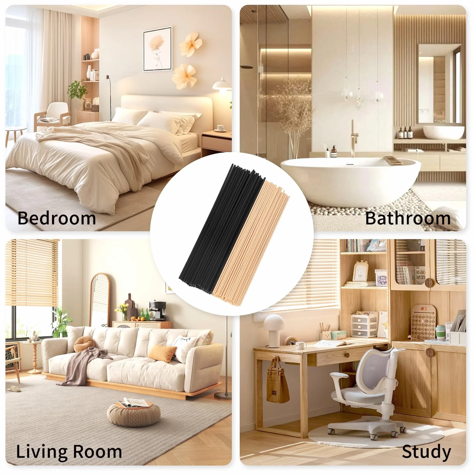 Bâtons de Diffuseur de Roseaux 100 Pièces, Couleur Bois Noir et Naturel