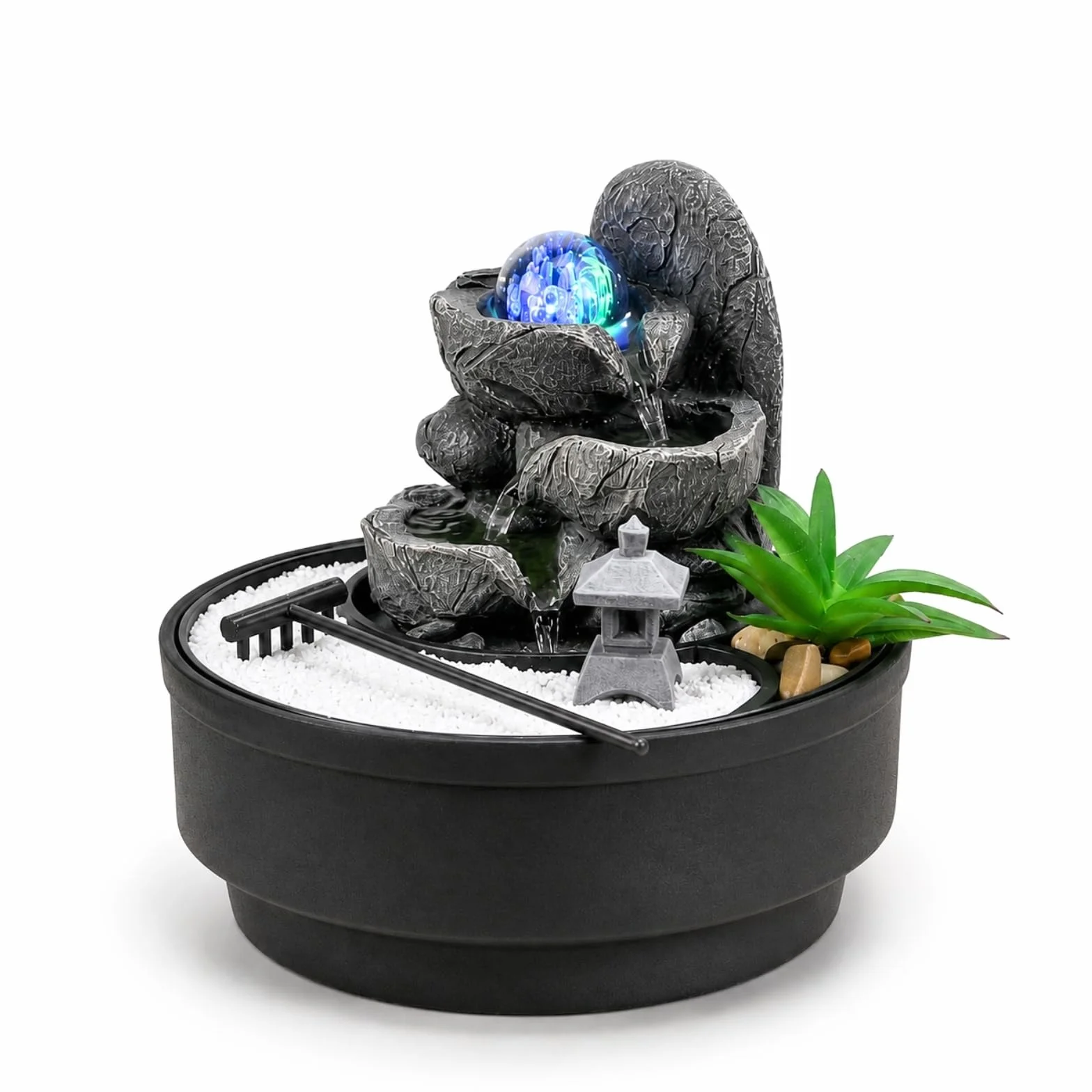 Fontaine d'Intérieur Jardin Zen, Boule de Verre Lumineuse LED Coloré, Circuit Fermé H21 cm