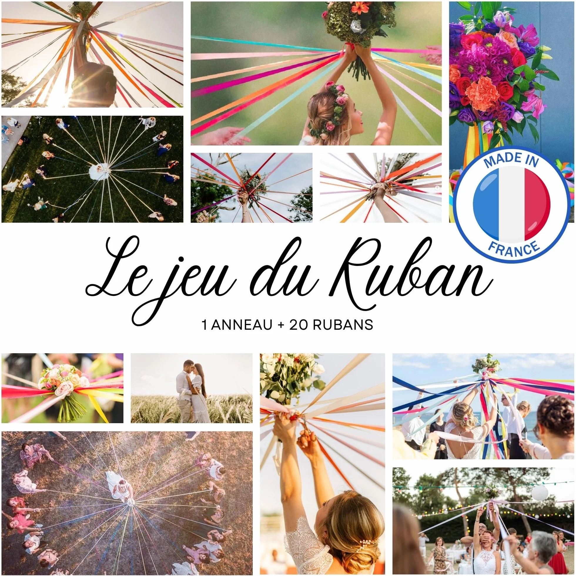 Ruban satin jeu mariage à monter 20 rubans 10 couleurs anneau bois inclus cadeau mariée