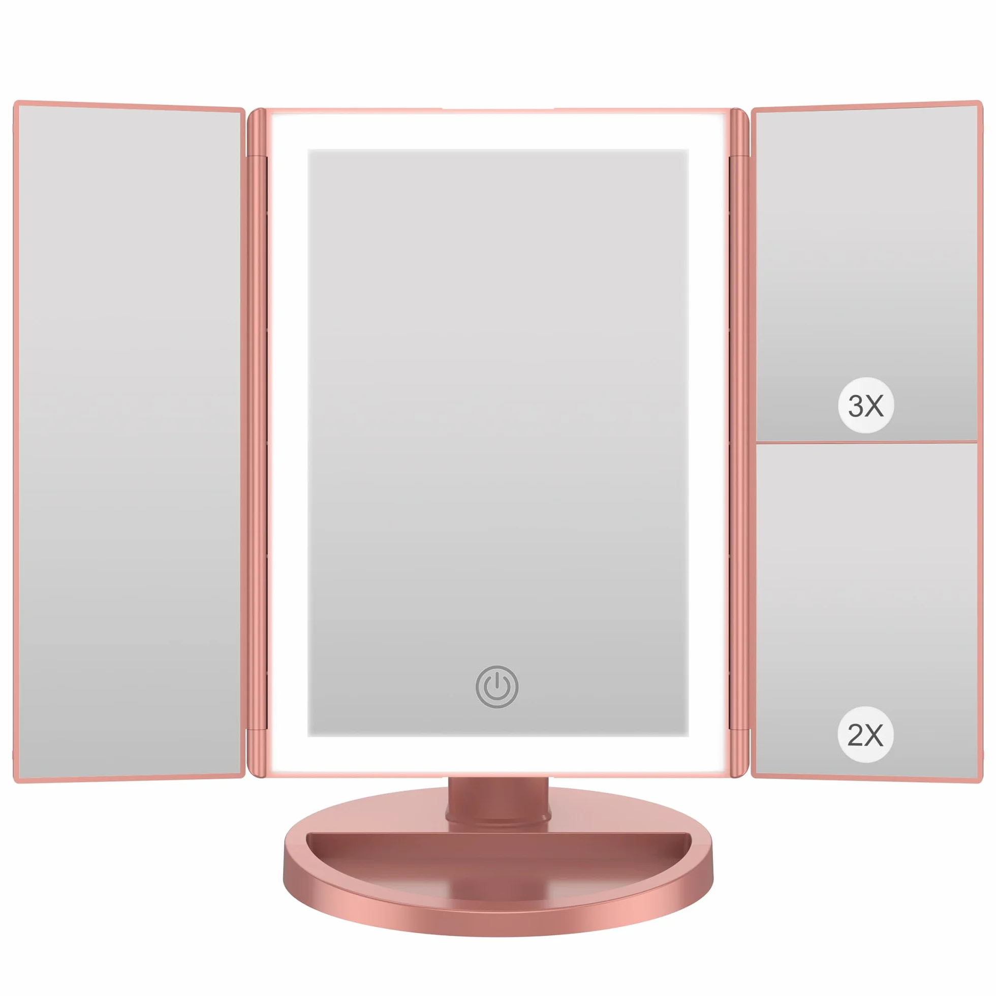 WEILY Miroir Maquillage Grossissant Lumineux LED Pliable 1X/2X/3X Écran Tactile USB Batterie Or Rose