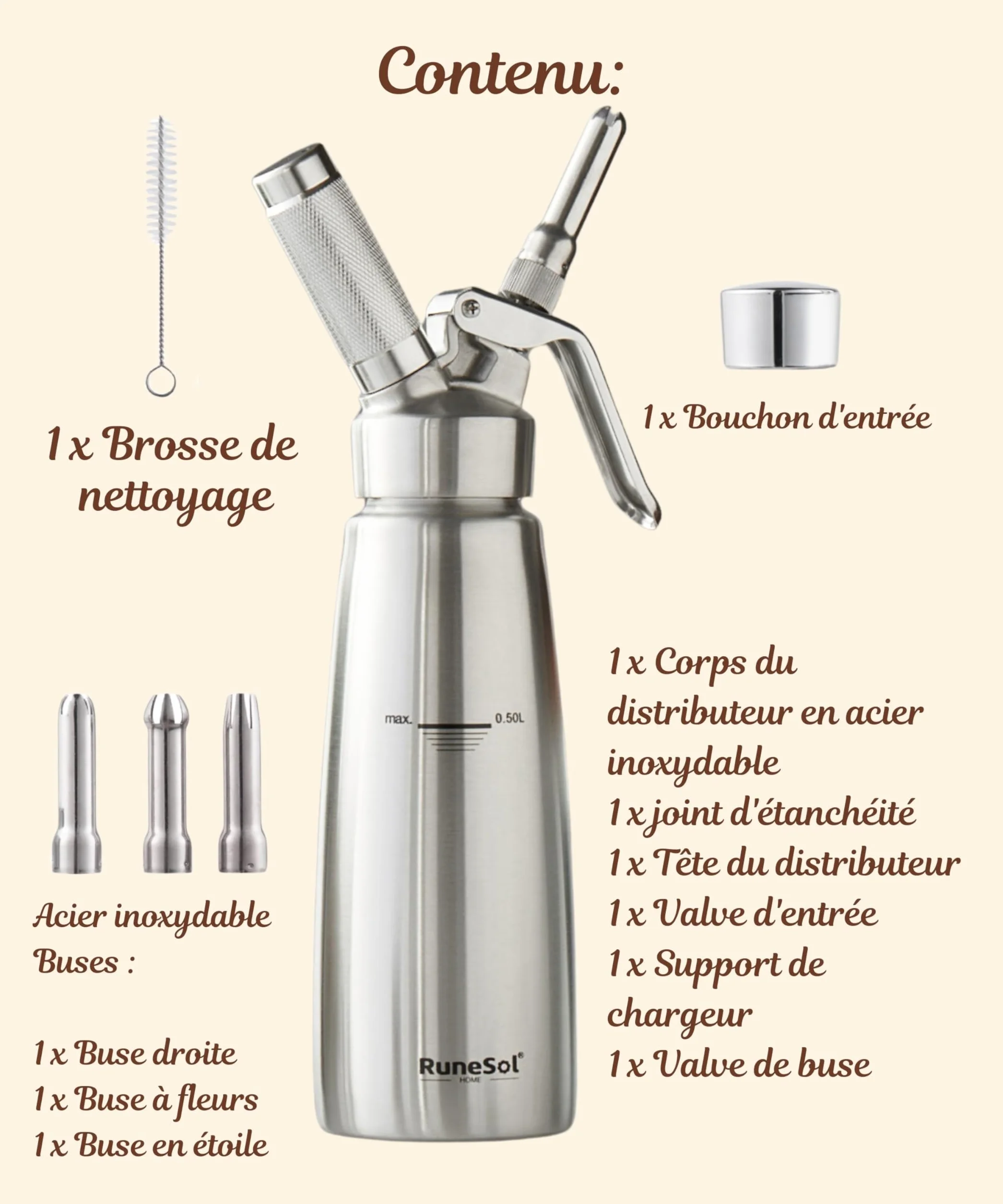 Runesol Siphon Chantilly Professionnel Inox 500ml 3 Douilles Acier Inoxydable 1 Brosse Siphons Cuisine Patisserie