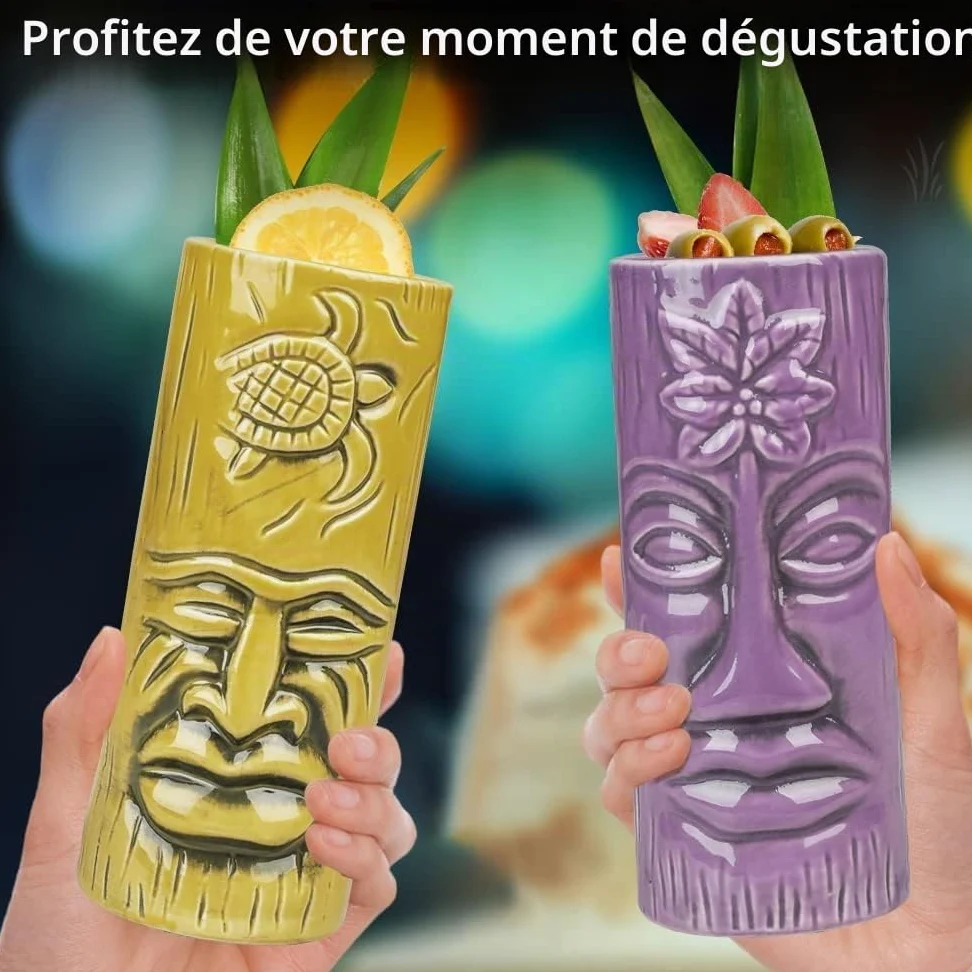 SuproBarware Lot de 4 Tasses Tiki en Céramique, Verres à Cocktail Exotiques avec Pailles, Gobelets pour Fête Hawaïenne Mai Tai Pina Colada, Accessoires de Bar Professionnel