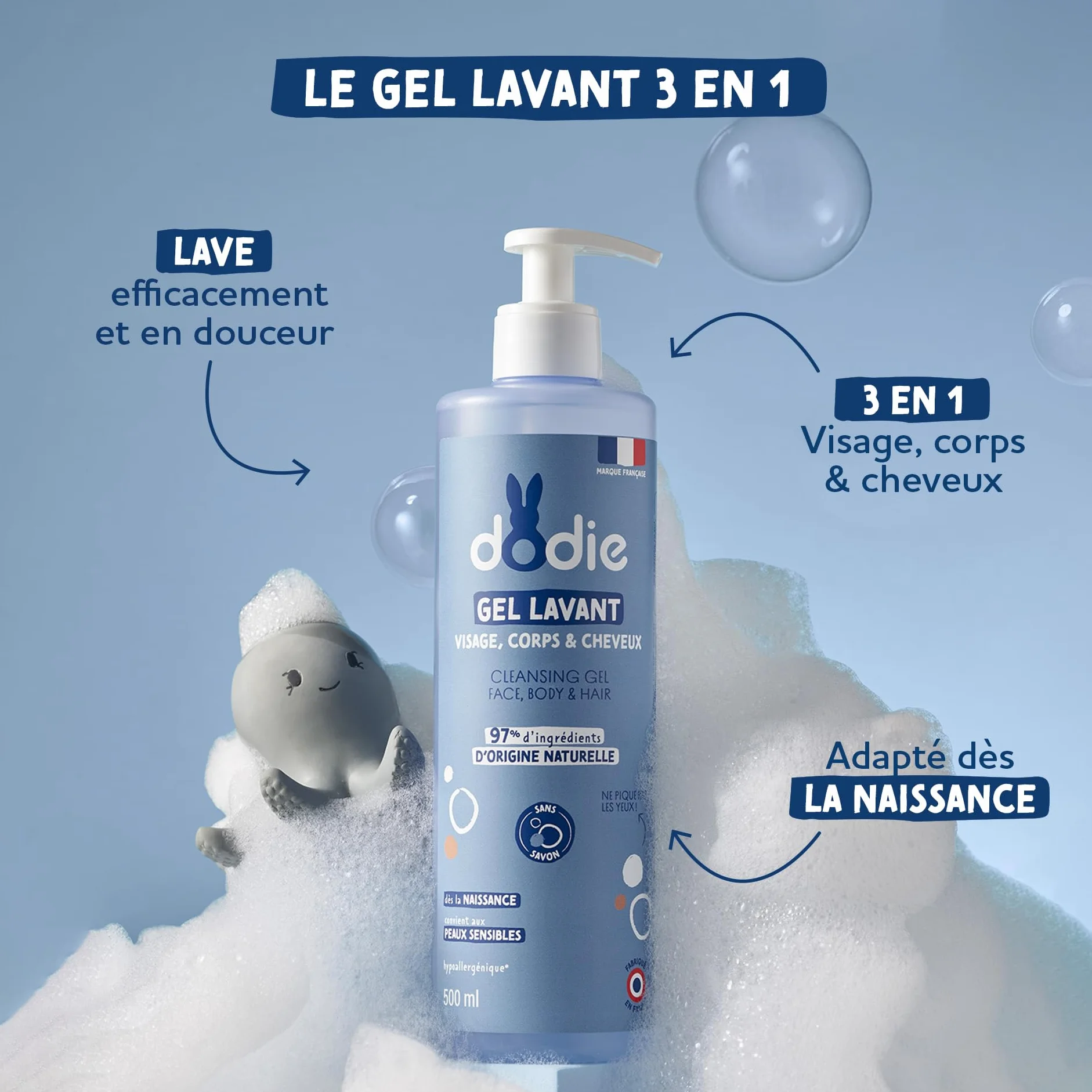 DODIE Gel Lavant 3 en 1 500 mL Nettoyant Visage Corps Cheveux Hypoallergénique Dès la naissance