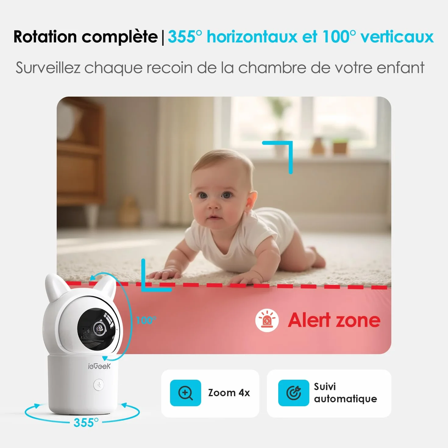 ieGeek Babyphone Caméra 1080P 5" PTZ 355° Visiophone avec Alertes Intelligentes Vision Nocturne Suivi Automatique