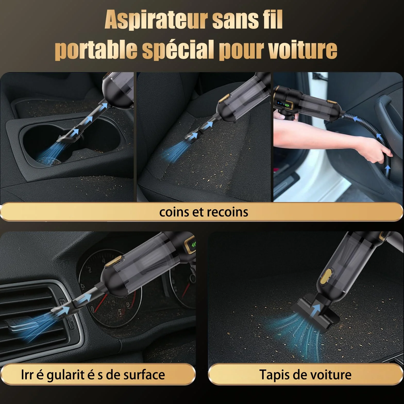 Aspirateur à Main Rechargeable 27000 Pa Sans Fil 220000 Tr/min Nettoyage Voiture Bureau Poils Animaux