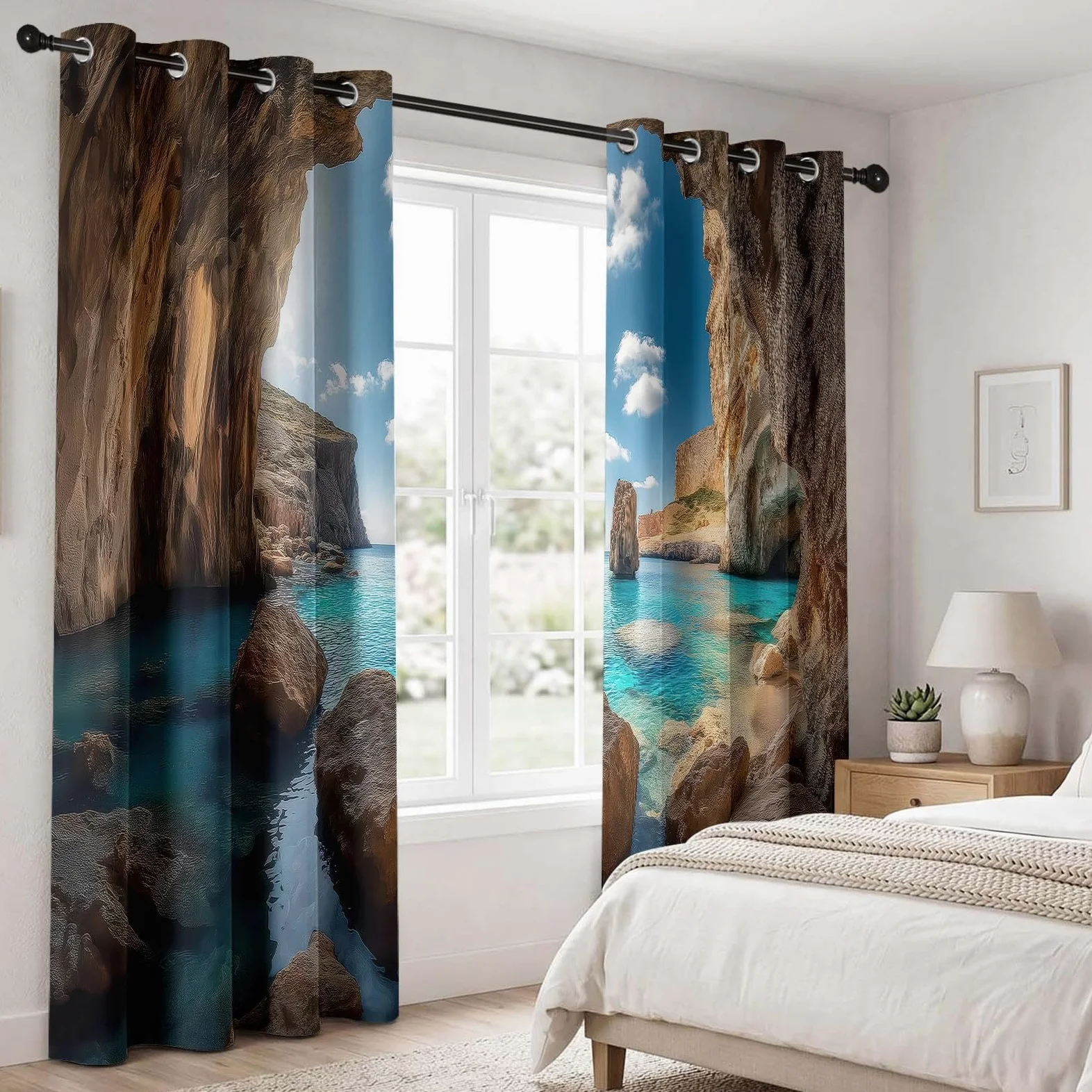 Générique Rideau Occultant Paysage Naturel à Oeillets, Rideaux Thermiques Isolants pour Salon, Grottes Rochers Vagues Nuages Imprimé 3D, Lot de 2 Panneaux 140 X 260 cm (LxH), Décoration de Chambre