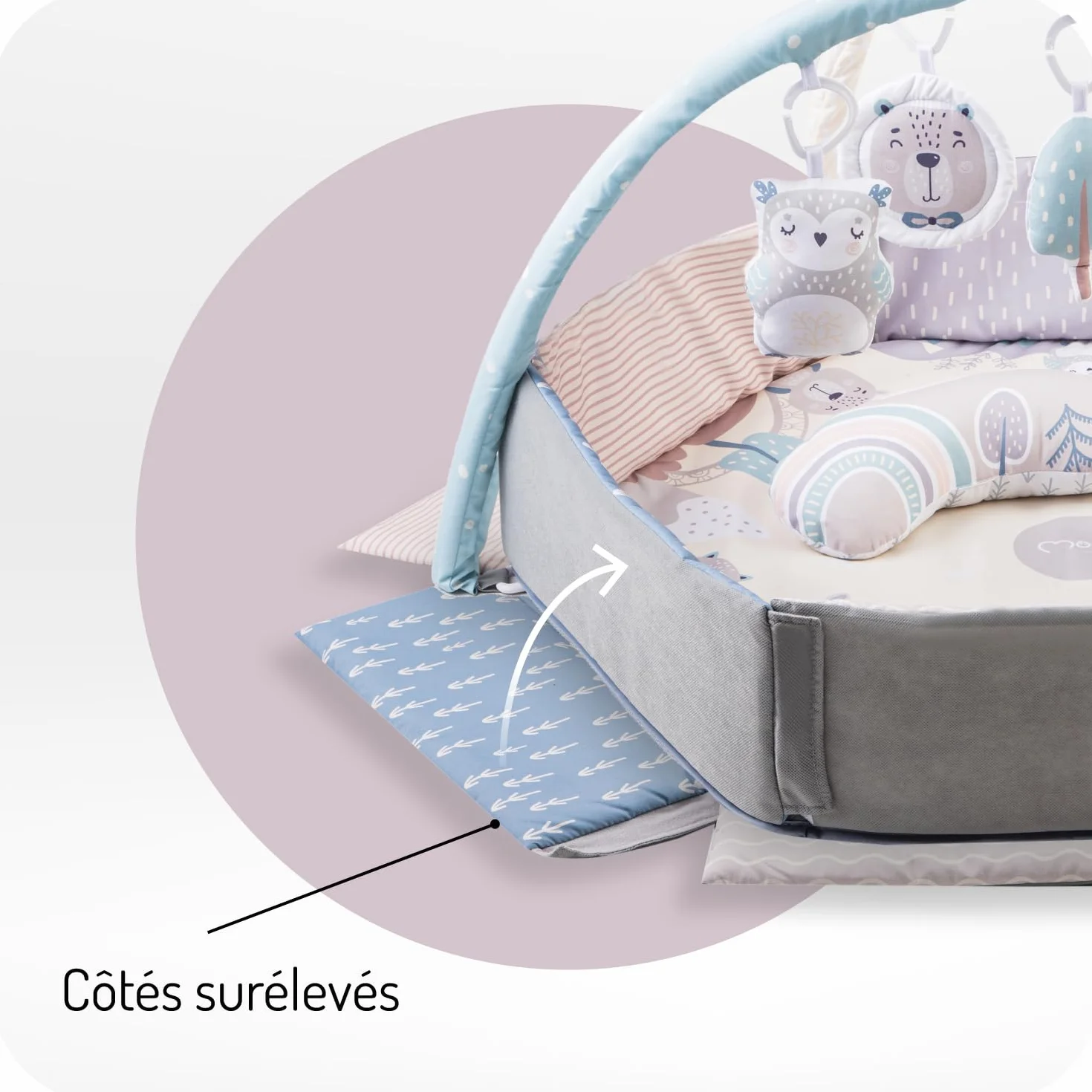 Arche de jeu MoMi PASTEL 3 en 1 avec tapis rampant, bain de balles, 5 jouets, 20 balles