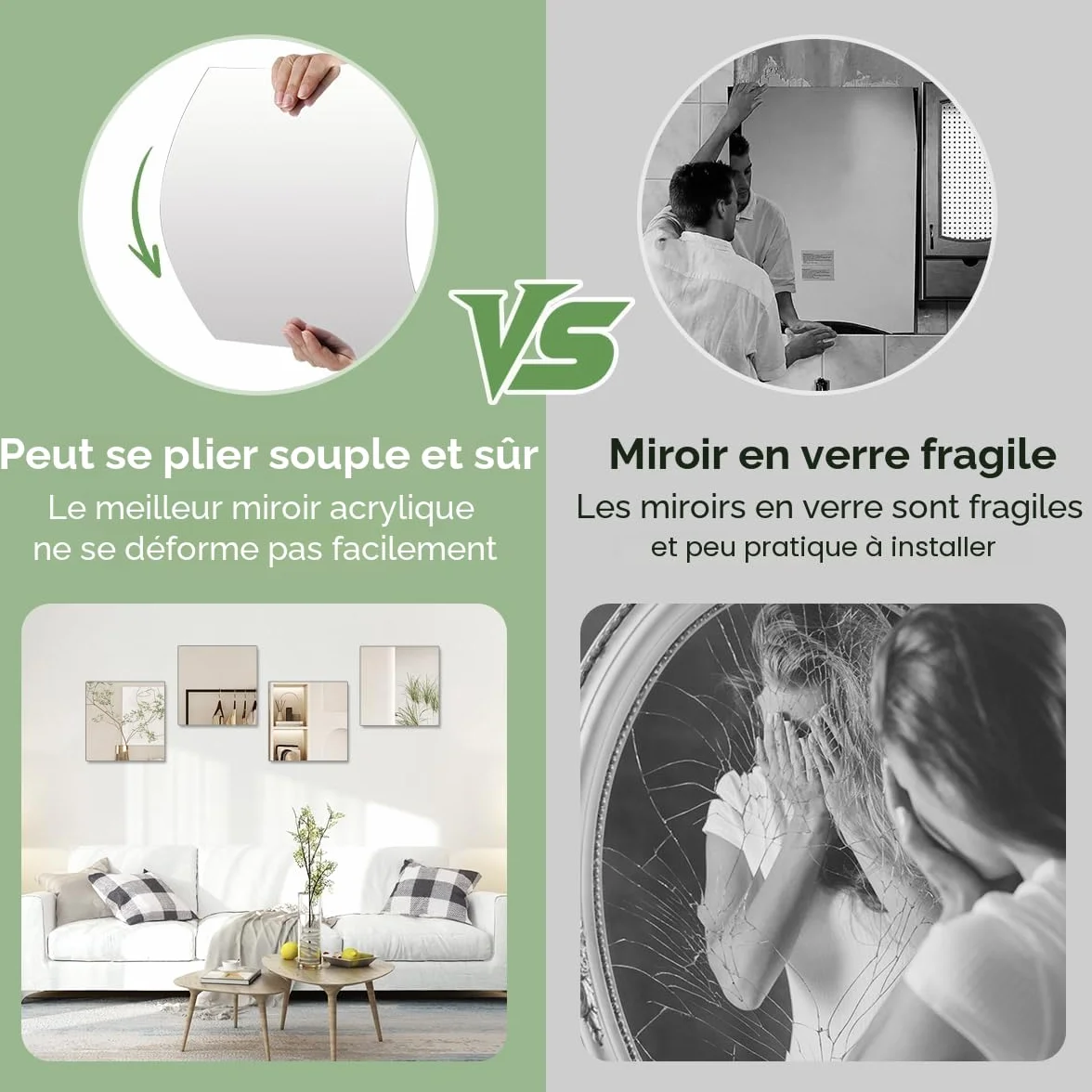 Lot de 4 miroirs autocollants en acrylique pour mur, grande taille, sécurité