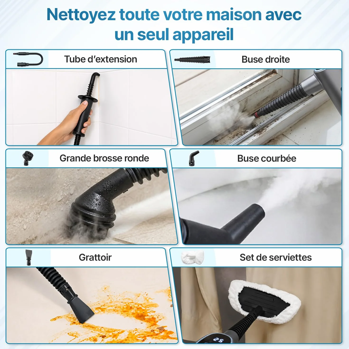Olvy Nettoyeur Vapeur à Main 1200W Haute Pression Portable avec 3 Niveaux de Vapeur et Kit 10 Accessoires, Réservoir 400ml