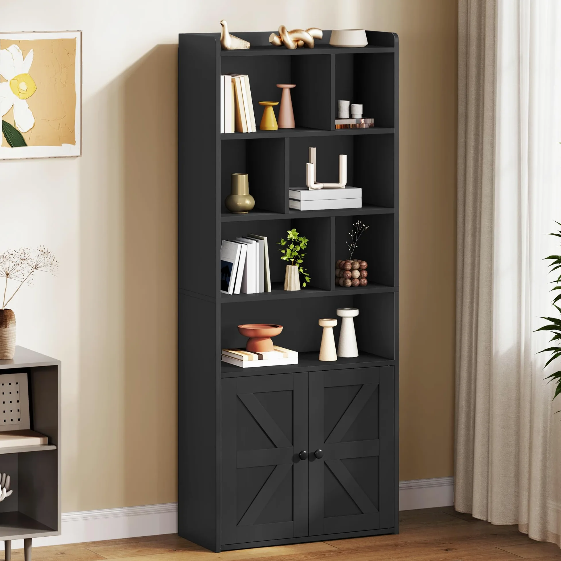 YITAHOME Bibliothèque à 4 Niveaux avec Portes et Placard, étagère de Rangement sur Pied, Compartiment Ouvert, idéale pour la Maison, Le Bureau, Le Salon ou la Chambre, Noire, 60 x 30 x 159 cm