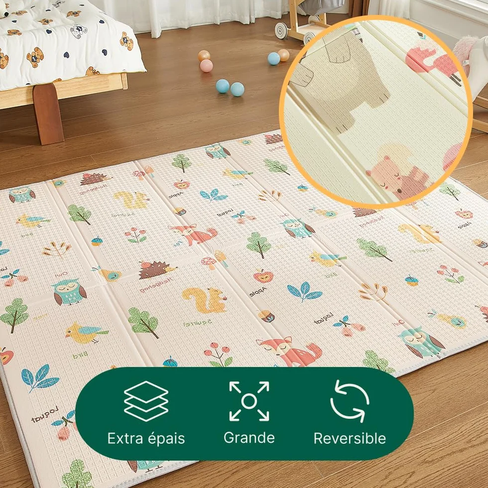 CASABEL Tapis d’Éveil Bébé Évolutif 180×150 cm, Pliable, Imperméable, Épais, Motifs Animaux Forêt