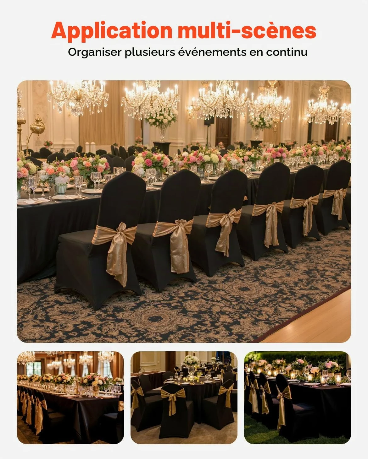 VEVOR Housses de Chaise Pliantes en Élasthanne Élastique, Couverture de Chaise Avant Arquée Universelle, Amovibles et Lavables, pour Mariage, Banquet, Fête, Célébration, Salle à Manger 100PCs Noir